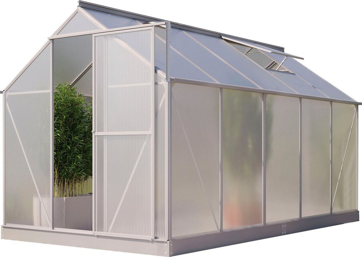 Vitavia Gewächshaus Eos 7500, BxTxH: 197,7 x 377,1 x 195,9 cm, 6 mm Wandstärke, Alu-Profile, Stahlfundamentrahmen, 6 mm Hohlkammerplatten silberfarben Vitavia Gewächshaus Eos 7500, BxTxH: 197,7 x 377,1 x 195,9 cm, 6 mm Wandstärke, Alu-Profile, Stahlfundamentrahmen, 6 mm Hohlkammerplatten silberfarben