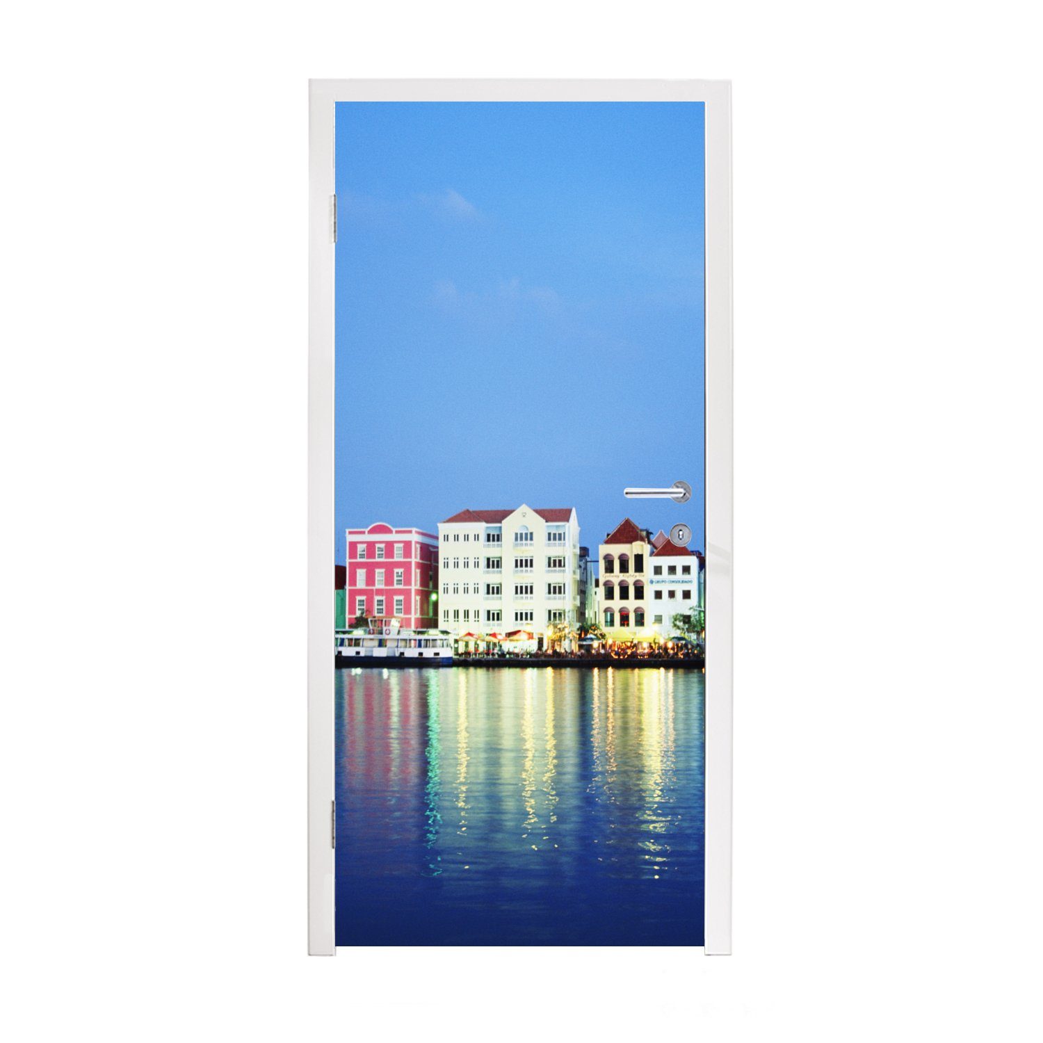 für Curaçao bedruckt, (1 cm Fototapete Tür, 75x205 - Häuser Skyline, - Türtapete Türaufkleber, St), MuchoWow Matt,