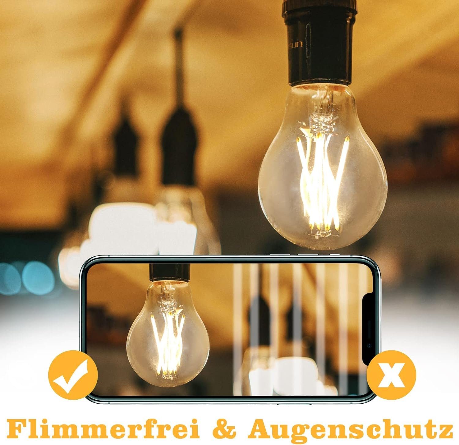 Nettlife LED-Leuchtmittel E27 Vintage A60 Glühbirne 4W 2700K Edison Energiesparlampe, E27, 6 St., Warmweiß, für Haus Hotel Bar Café – Bild 5 von 5