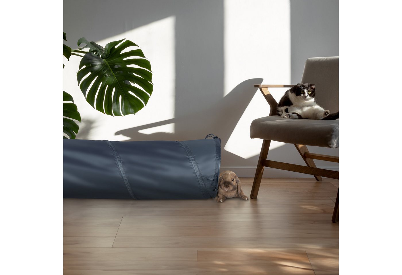 Thumbnail - relaxdays Kleintiertunnel Faltbarer Katzentunnel mit Spielzeug, Polyester, Grau