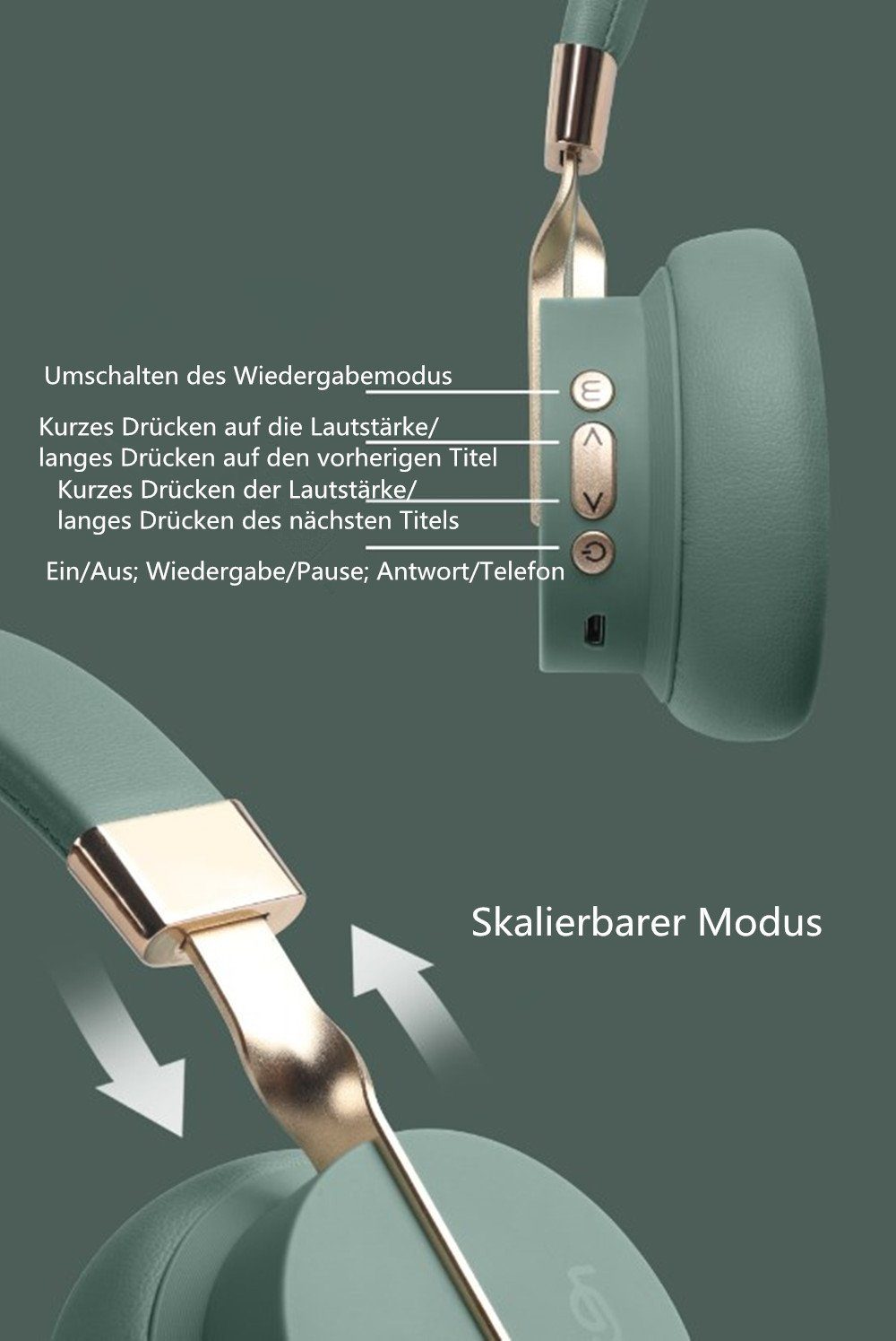 Headphones) Kabellos einstellbar,Intensiver Kopfhörer und Bluetooth-Kopfhörer (Einziehbar Over Kopfhörer Spielzeit XDOVET Bluetooth green Bass,Wireless Ear,Stunden