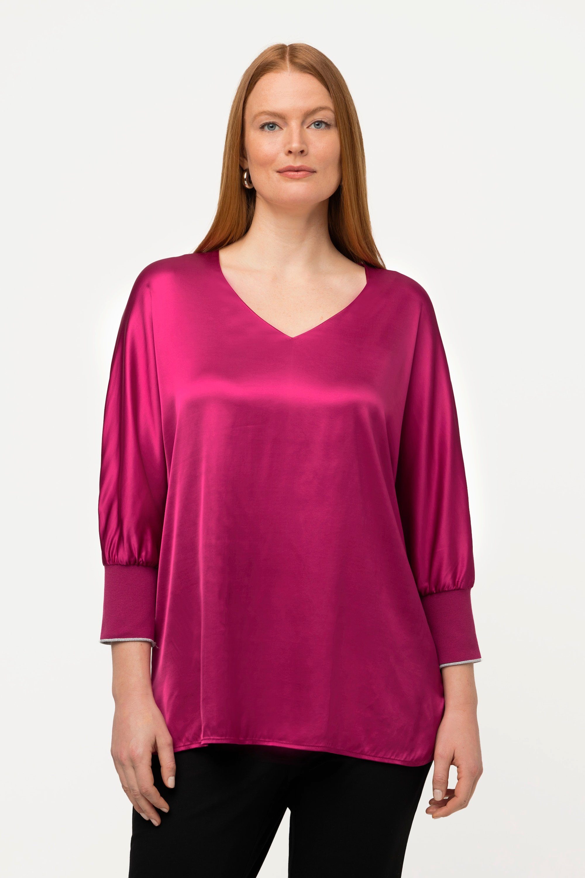 Ulla Popken Druckbluse Bluse Satin V-Ausschnitt 3/4-Fledermausärmel