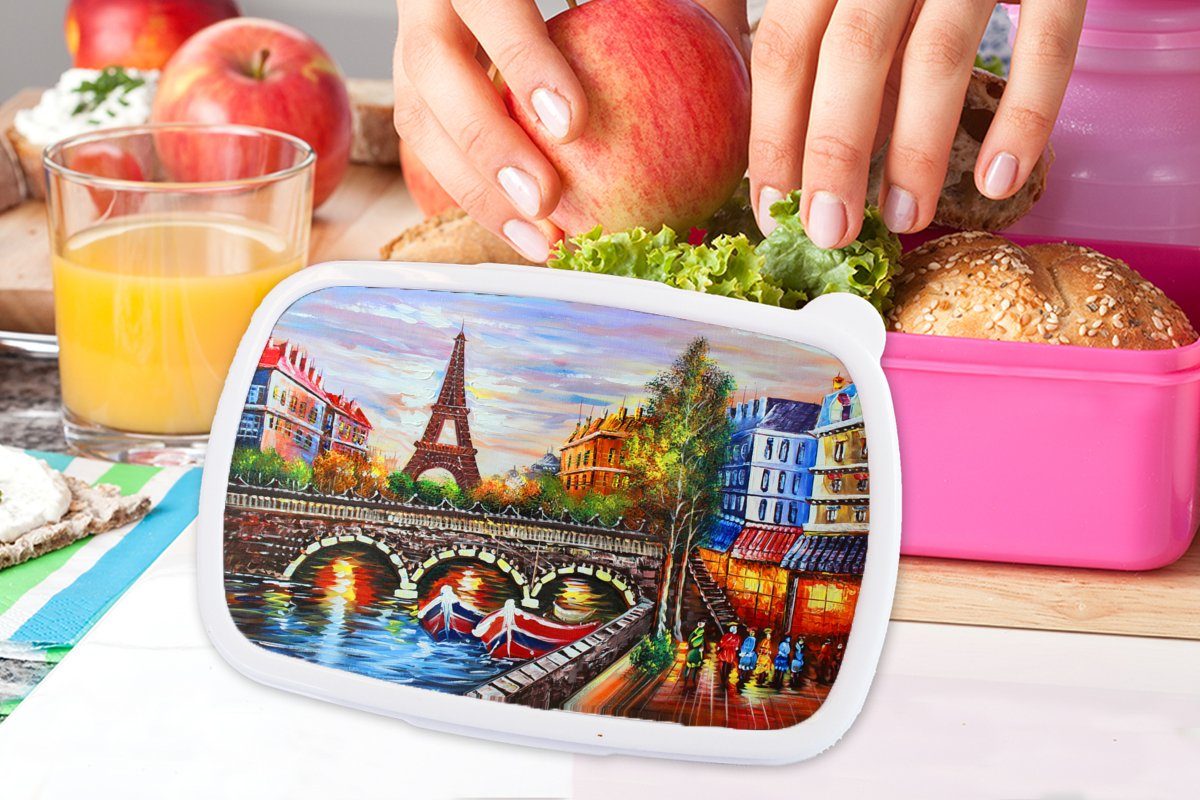 - rosa Brotbox Erwachsene, Lunchbox Öl Kunststoff - - Mädchen, Gemälde Brotdose Paris Snackbox, Eiffelturm - Kunststoff, MuchoWow Wasser, für Kinder, (2-tlg),
