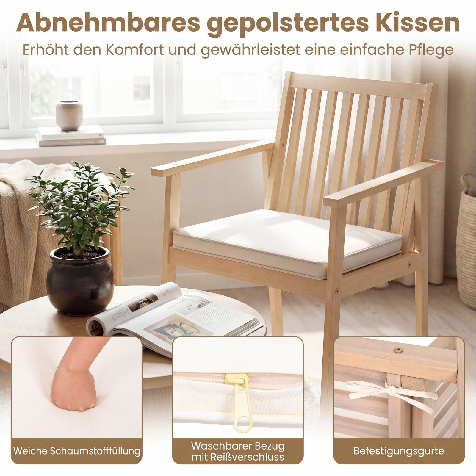COSTWAY Gartenstuhl, 2er Set Akazienholz mit Kissen und Armlehnen 180 kg