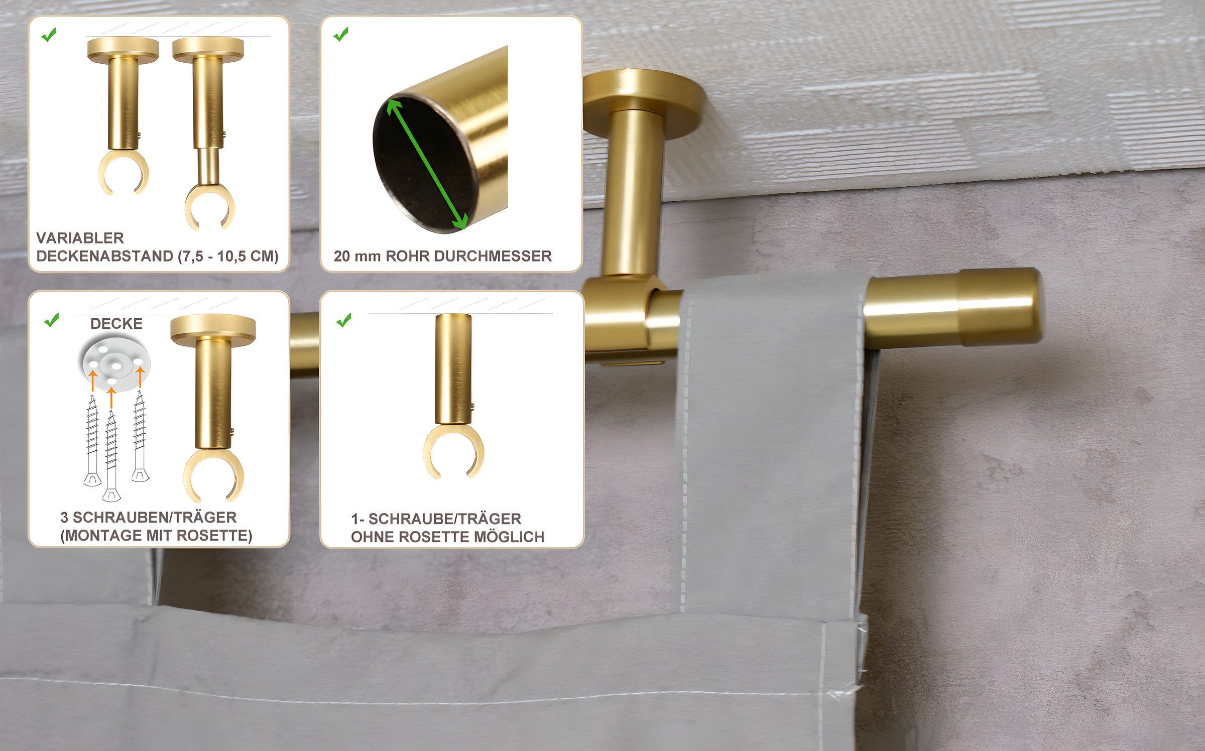 iso-design Gardinenstange Set zur Montage an der Decke mit 20 mm Durchmesser 1-läufig, Ø 20 mm, 1-läufig, Deckenmontage, geschraubt, Aluminium, Variabler Deckenabstand