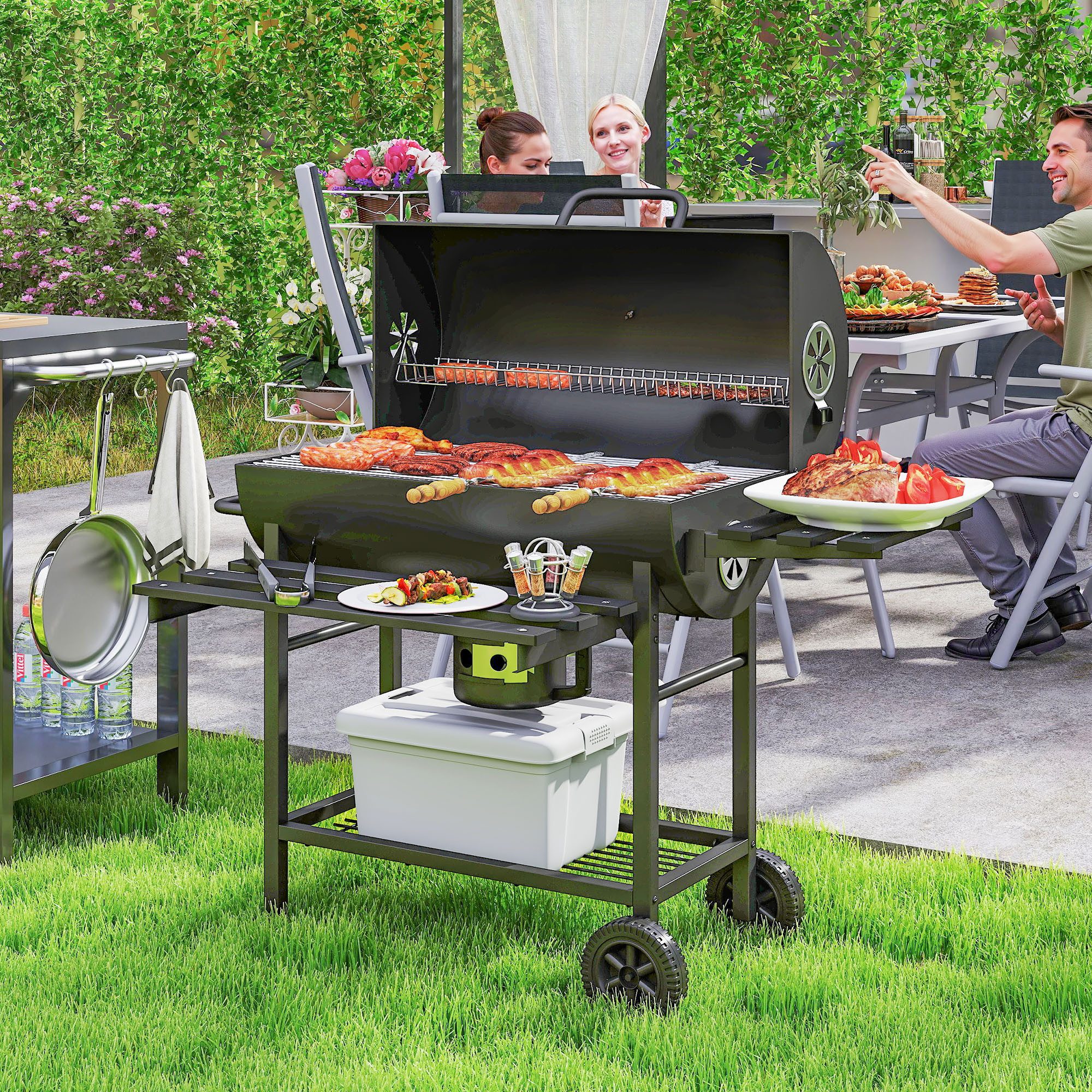 Outsunny Holzkohlegrill mit Deckel,Griffe, Thermometer, Räder, BBQ Smoker, Grillwagen, für BBQ Camping Terrasse Garten 114 x 65 x 95 cm