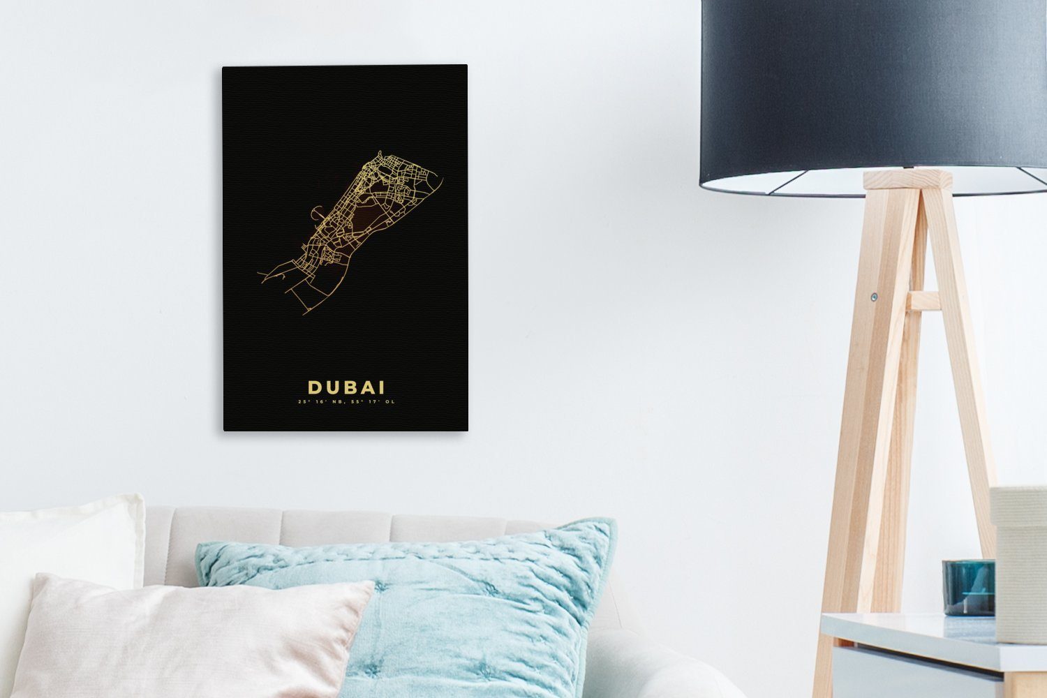 Leinwandbild und Dubai St), Stadtplan bespannt fertig (1 Leinwandbild Schwarz OneMillionCanvasses® - Gemälde, - 20x30 cm Gold, inkl. Zackenaufhänger,