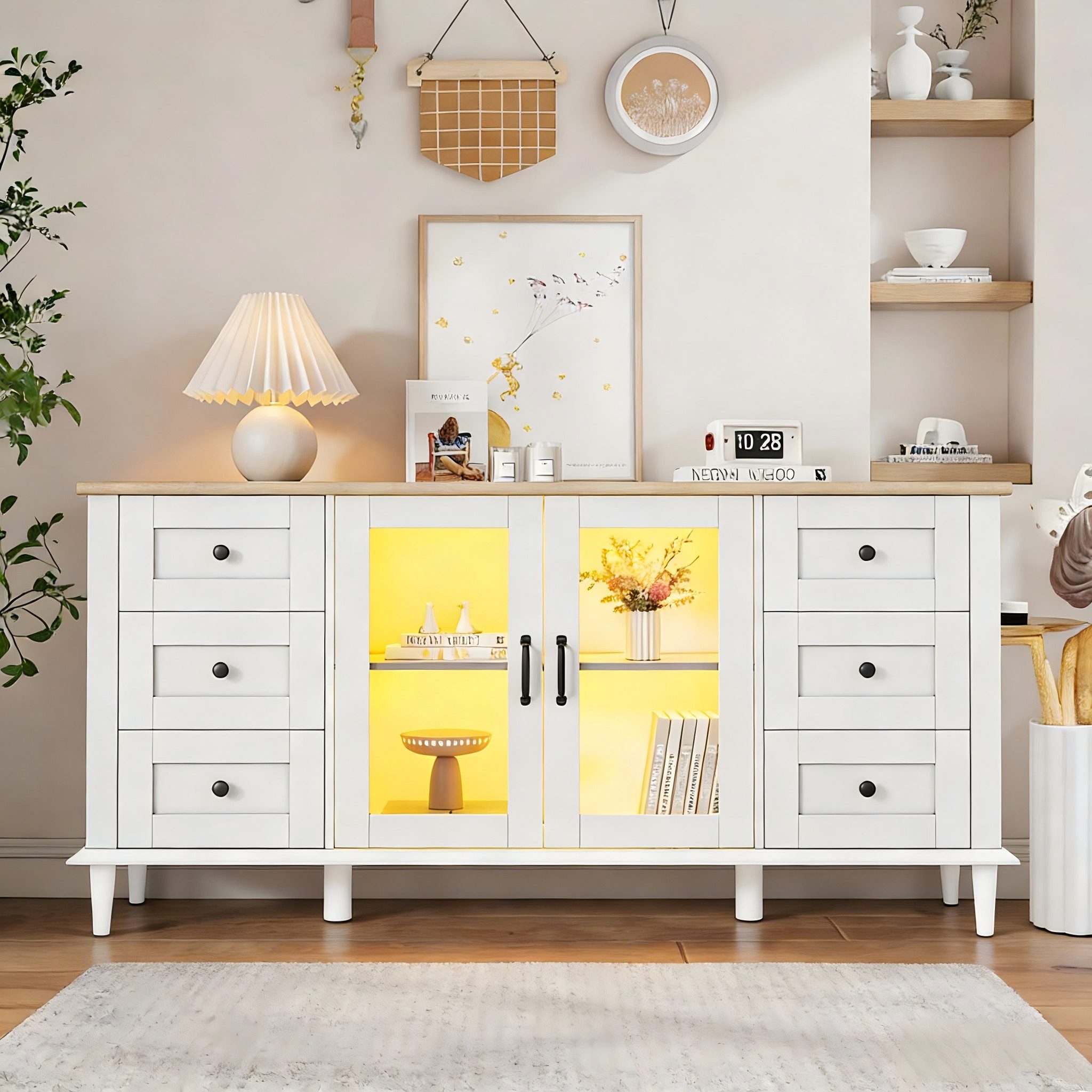 Merax Sideboard mit LED-Leuchten, Wohnzimmerschrank in Weiß und Holzton (Beistellschrank Esszimmerschrank, 1 St), Kommode mit 6 Schubladen, 2 Acryl Türen & Stauraum, 150x40x75cm