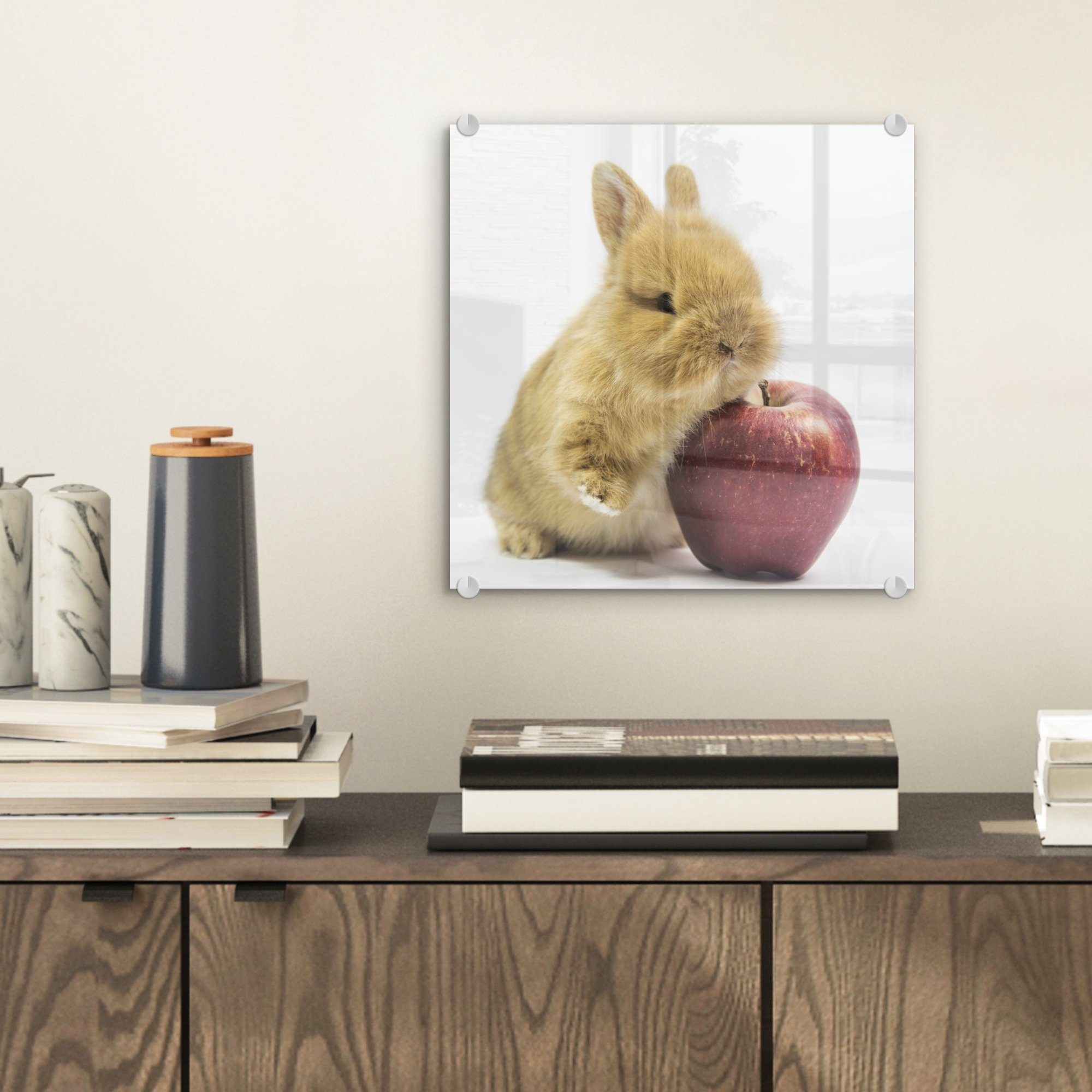MuchoWow Acrylglasbild Kaninchen - Baby St), - Glas - Wanddekoration Glasbilder Bilder - auf auf Glas - Foto (1 Apfel, Wandbild