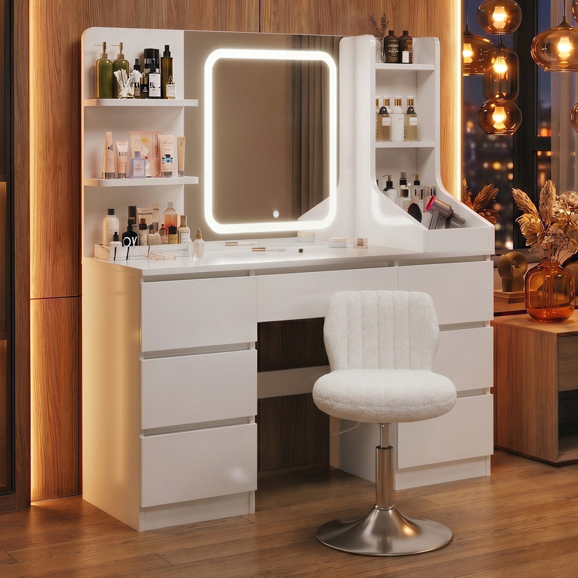 HOMALL Schminktisch Set aus Schminktisch und Hocker, mit LED-Beleuchtung (Maße: 110 x 40 x 139 cm, dimmbare Beleuchtung, inklusive Hocker und Schminktisch, mit 7 Schubladen und 8 offenen Fächern)
