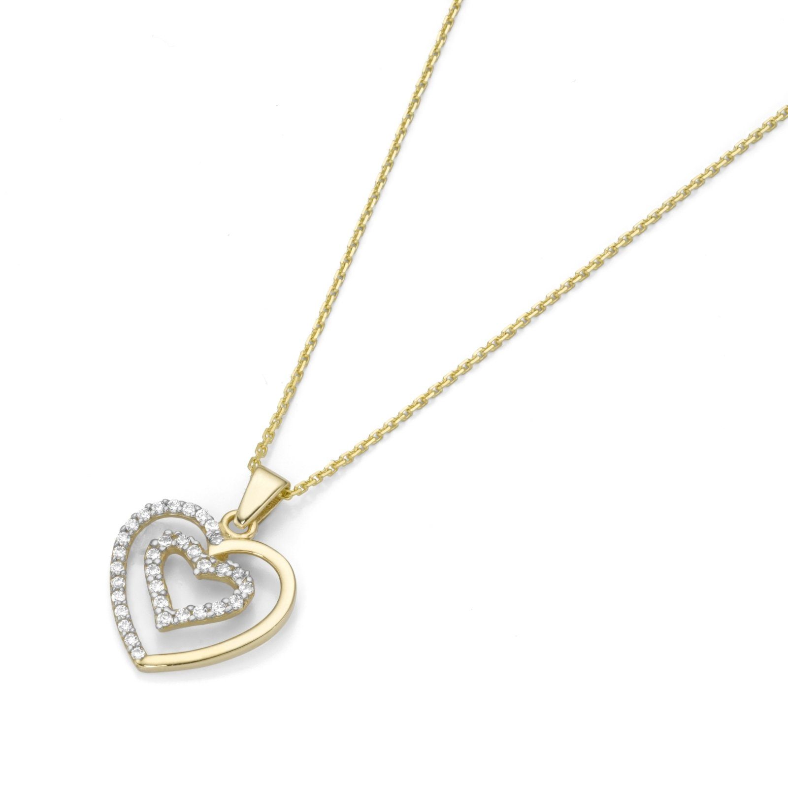 Luigi Merano Goldkette Anhänger 2 Herzen mit Zirkonia, bicolor, Gold 375