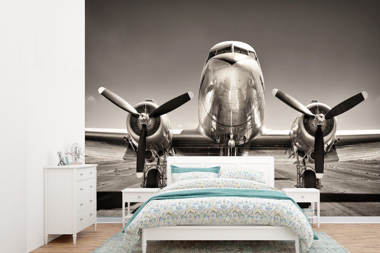 MuchoWow Fototapete Flugzeuge - Vintage - Propeller, Matt, bedruckt, (6 St), Montagefertig Vinyl Tapete für Wohnzimmer, Wandtapete