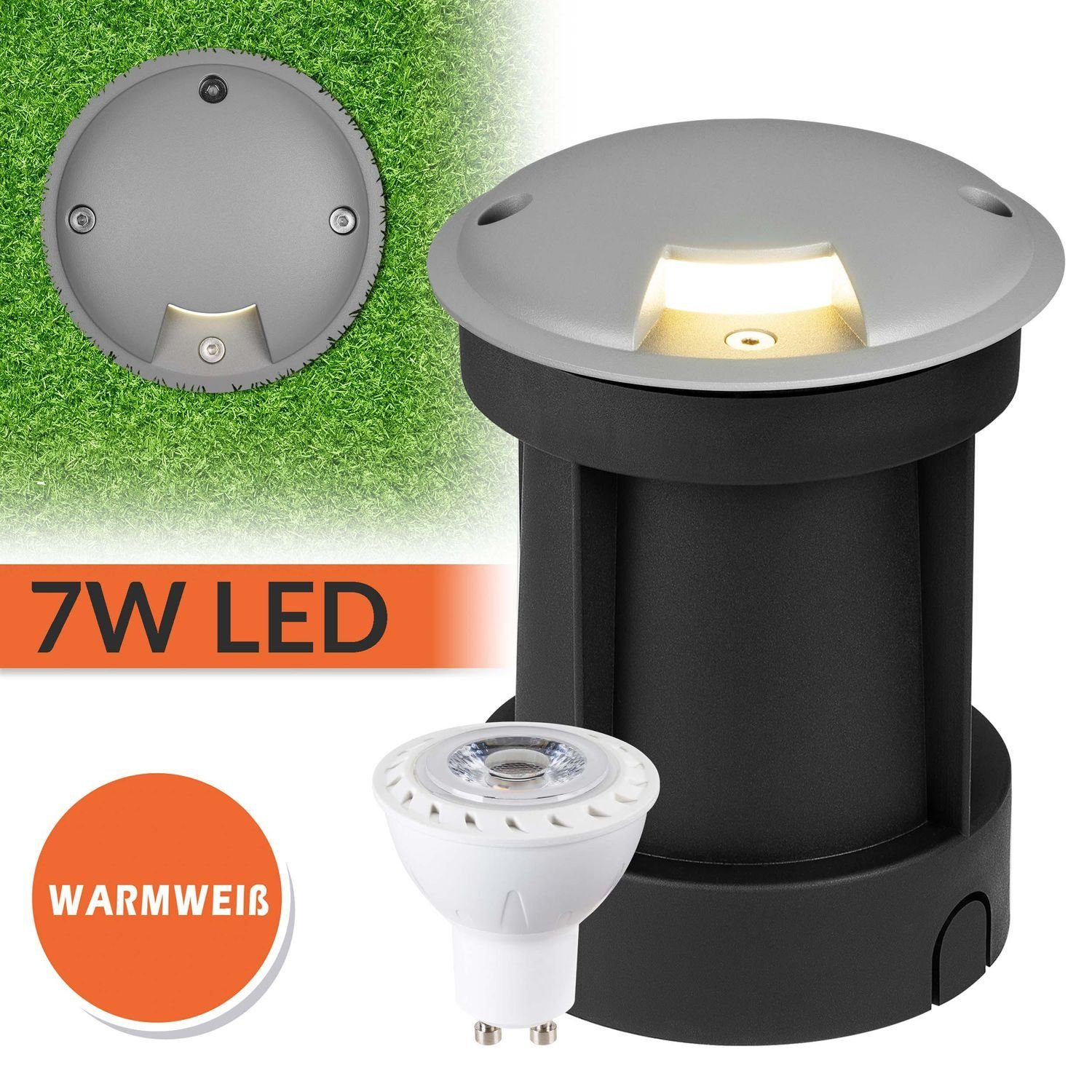 LEDANDO LED Einbaustrahler »7W LED Bodeneinbaustrahler Set mit 1  Lichtauslass - grau - warmweiß - rund - Orientierungslicht Wegleuchte  Bodenlampe«