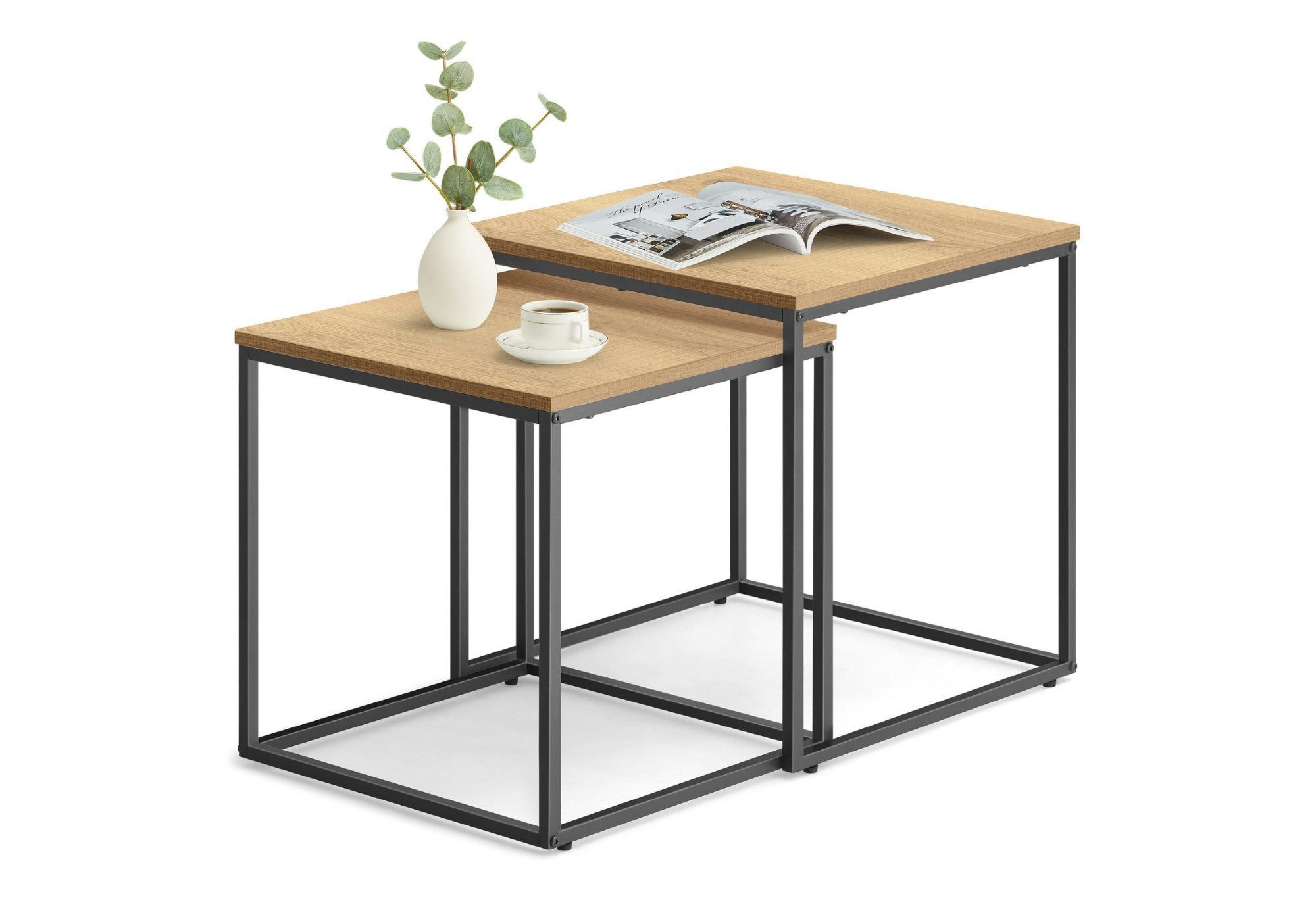 Home Collective Couchtisch 2er Set Beistelltisch Loft Design 2in1 Verschachtelung Wohnzimmer, kratzfeste Oberfläche 50&45cm Sonoma-Eiche schwarz Beinen quadrati – Bild 3 von 5