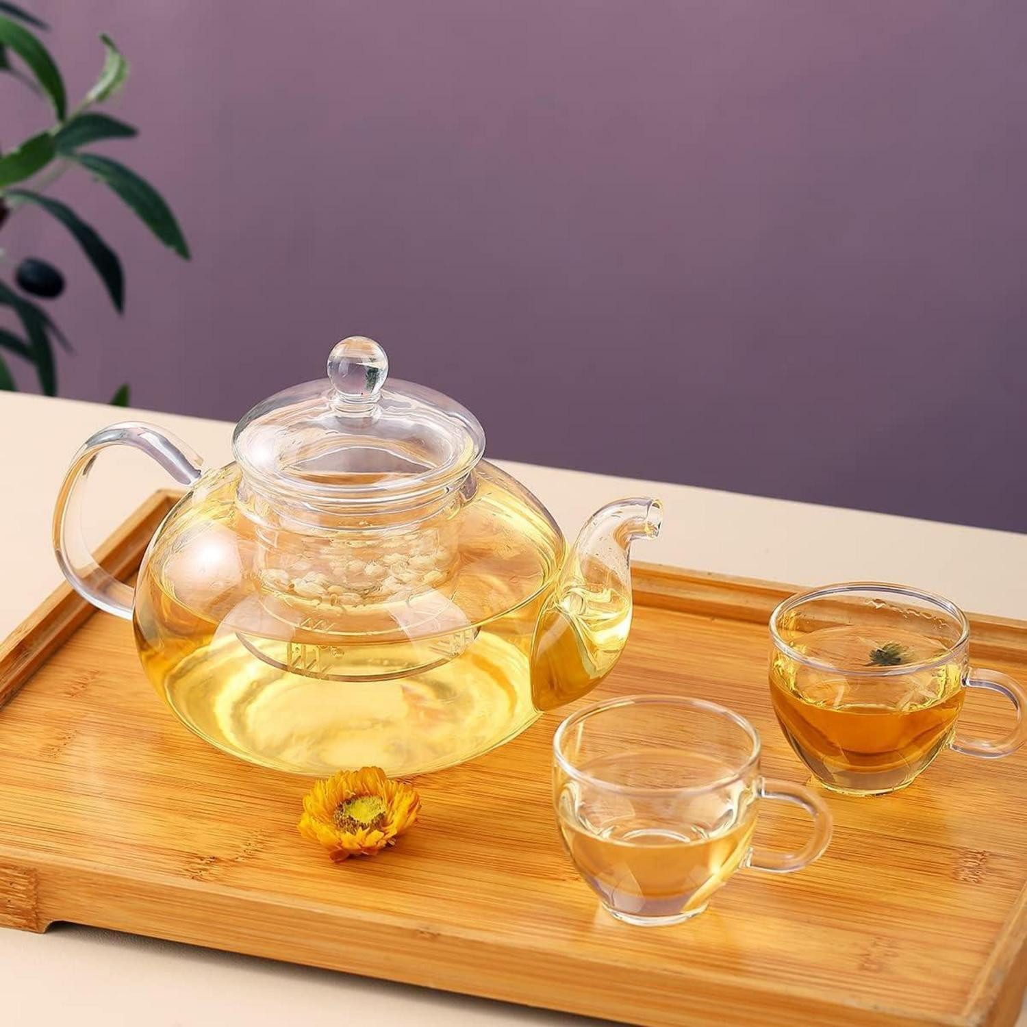 LuxusKollektion Teekanne Glas Teekanne 1000 ml mit Teesieb, 4 Teetassen & mikrowellenfester