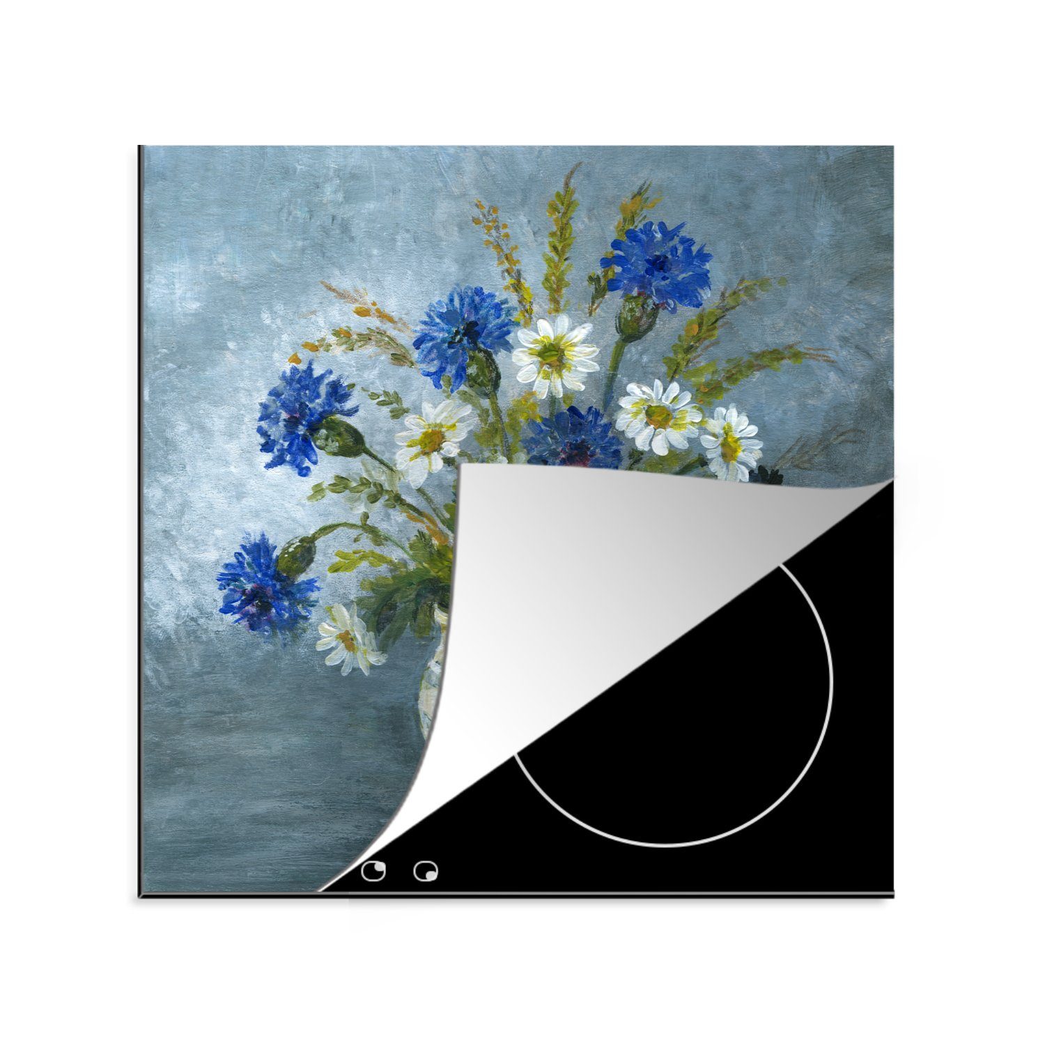 MuchoWow Herdblende-/Abdeckplatte Eine Illustration von mehreren Kornblumen in einer Vase, Vinyl, (1 tlg), 78x78 cm, Ceranfeldabdeckung, Arbeitsplatte für küche
