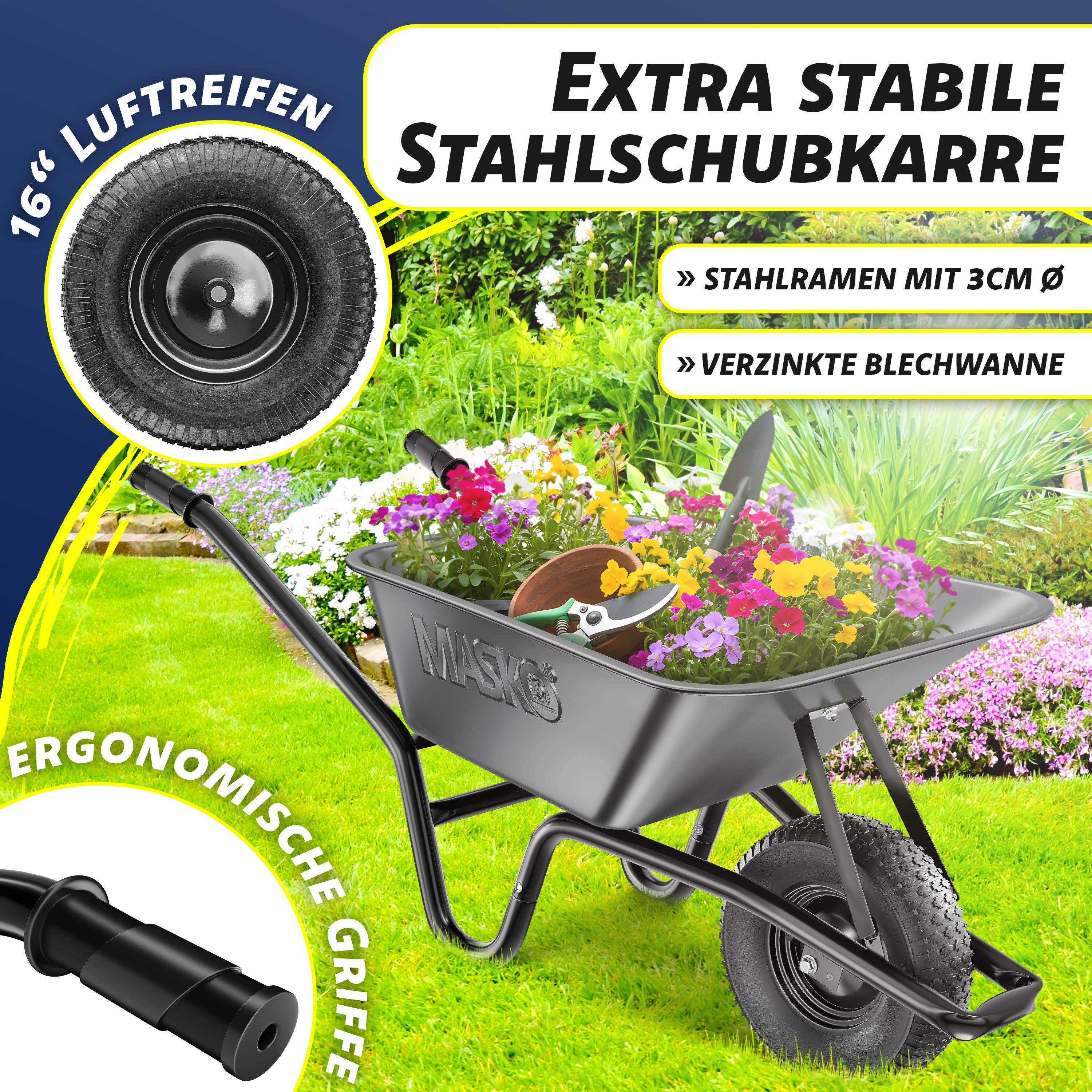 MASKO Schubkarre Bau- und Gartenschubkarre 100 Liter, mit Luftreifen und Stahlfelgen sowie einen Ersatzschlauch – Bild 3 von 5