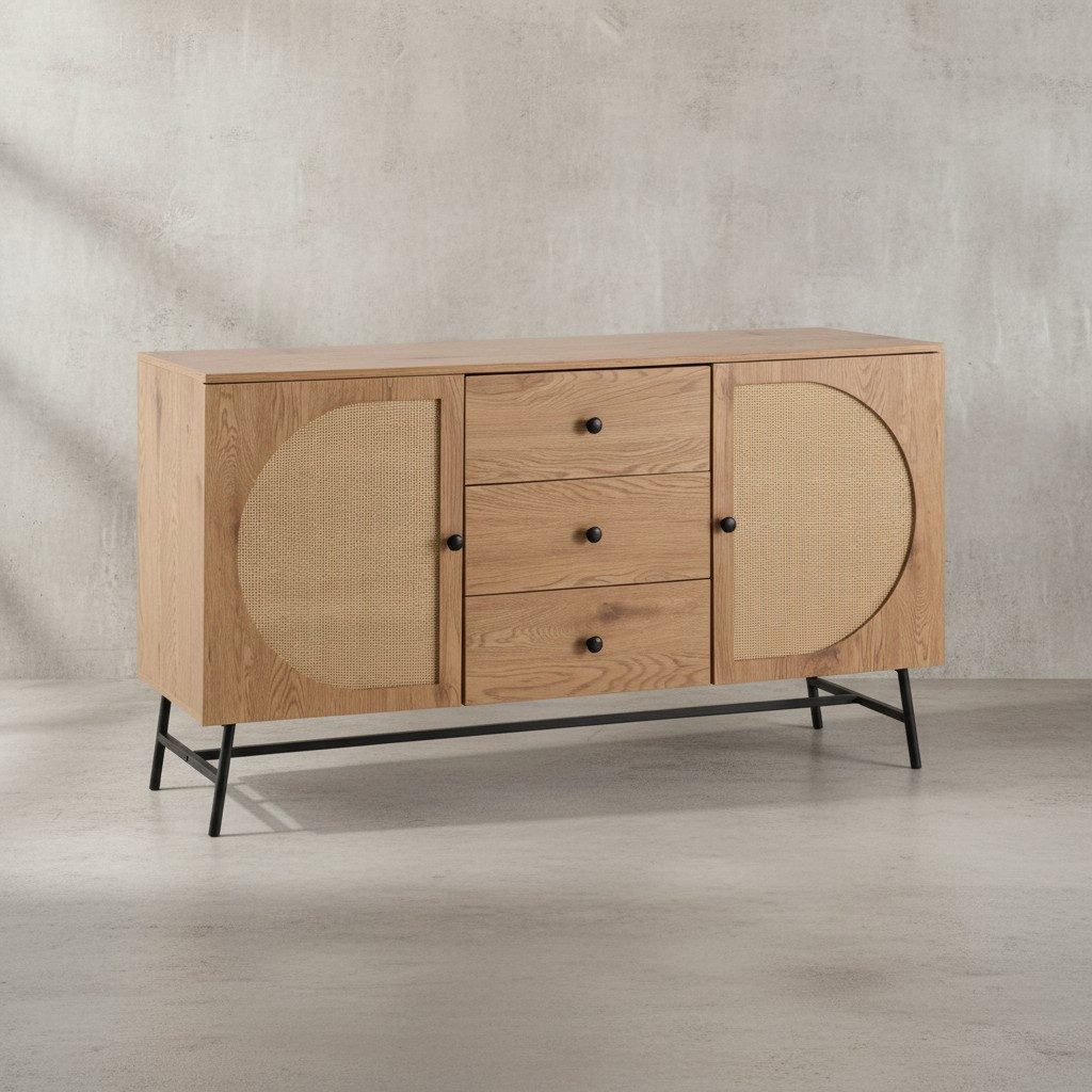 KADIMA DESIGN Kommode Sideboard 140x80x40 cm Kommode Eiche-Dekor mit Rattan Geflecht (Schubladen, Anrichte Wohnzimmer), Modern, Hoher Kommodenschrank, Standschrank mit 2 Türen und 3