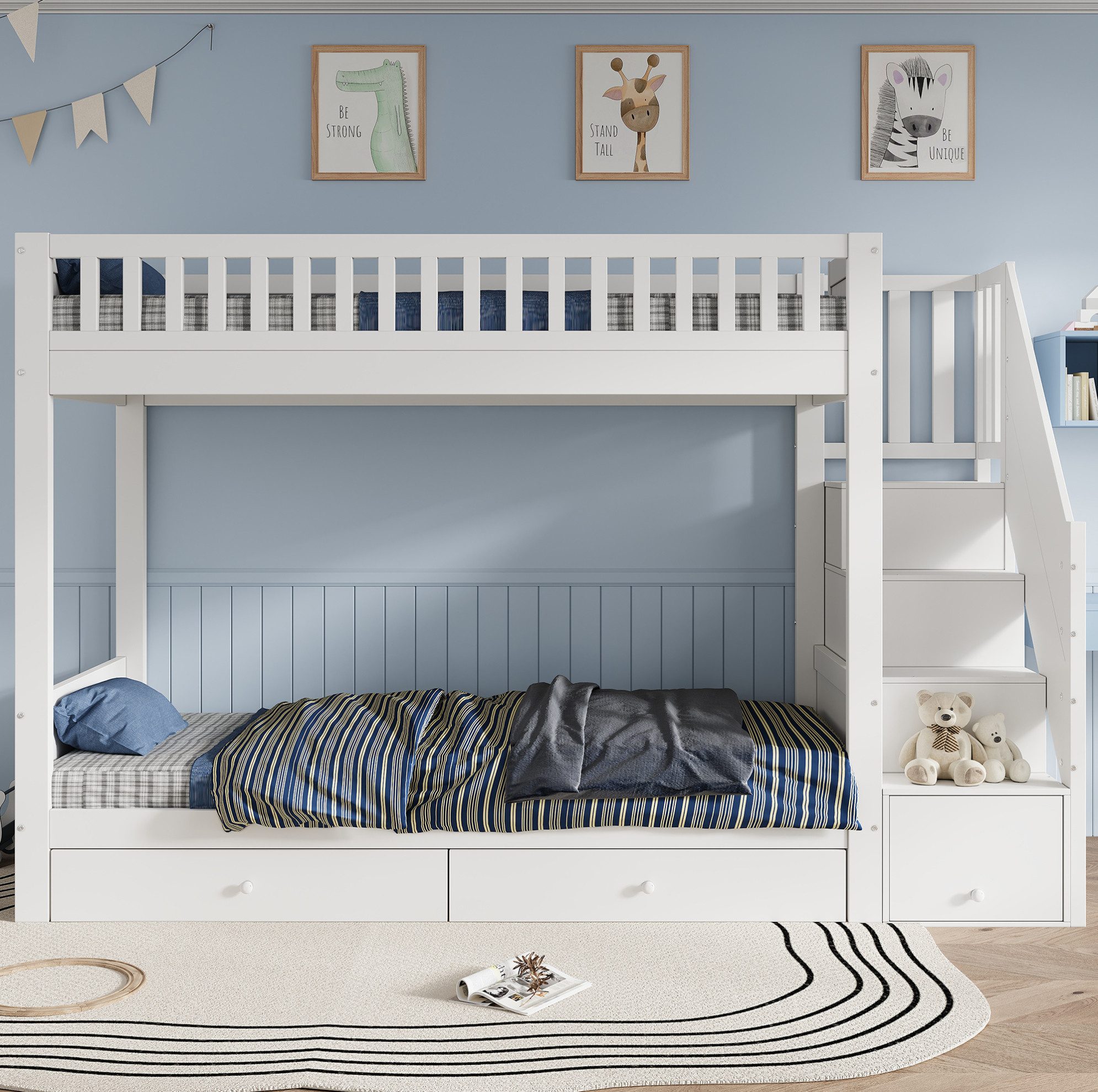 MODFU Etagenbett Kinderbett mit Stauraumlösung, praktischer Treppe (Holzbett 90x200 cm, 2 Schubladen-Bettkästen und Schutzgeländer, Funktionsbett Stauraumbett), ohne Matratze