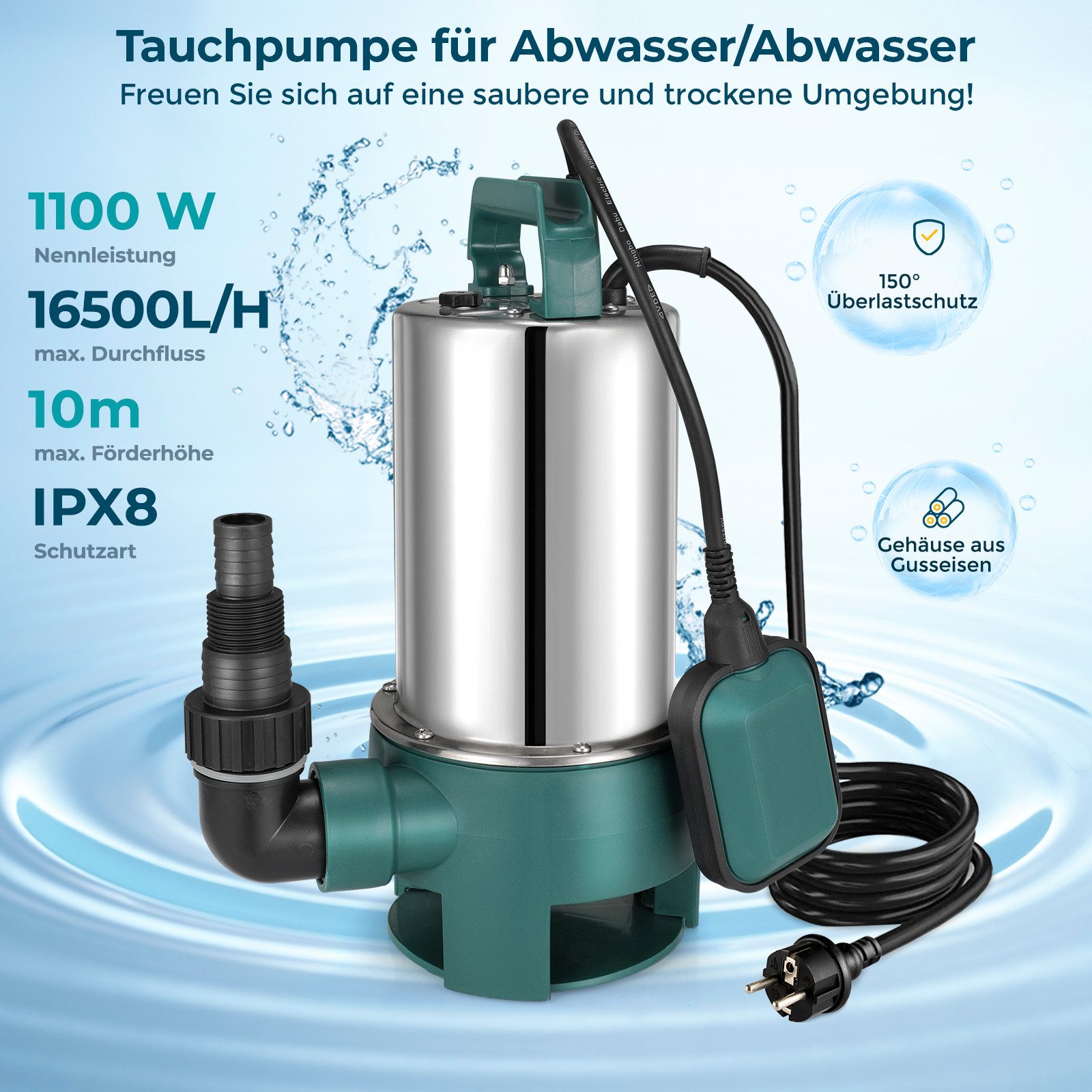 TLGREEN Schmutzwasserpumpe Schmutzwasser-Tauchpumpe, Gartenpumpe, 16500 L/H günstig online kaufen