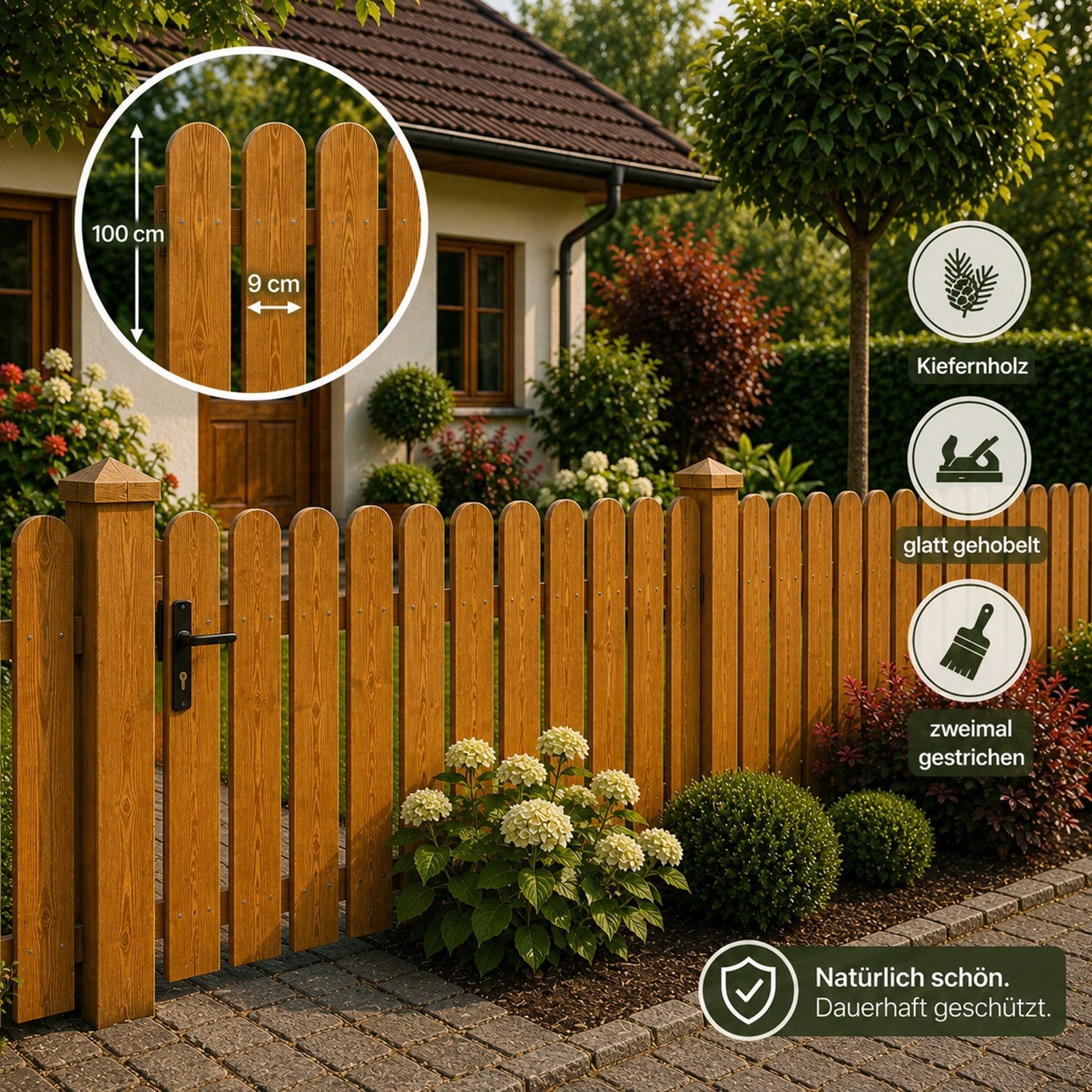QLS Holzzaun 30 Stk. Zaunlatten 100 cm in 3 Farben, Holz Brett Kiefer Fichte Gehobelt Gartenzaun