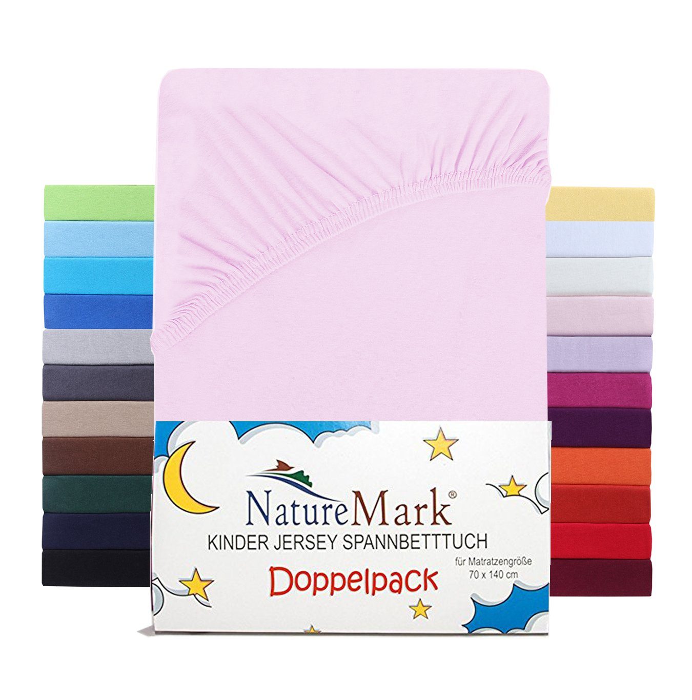 Spannbettlaken Jersey Spannbettlaken, NatureMark, 100% Baumwolle, Gummizug: rundum, (2 Stück), Kinder Spannbetttuch, für Baby-/Kinderbett, 70x140 cm, Rosa