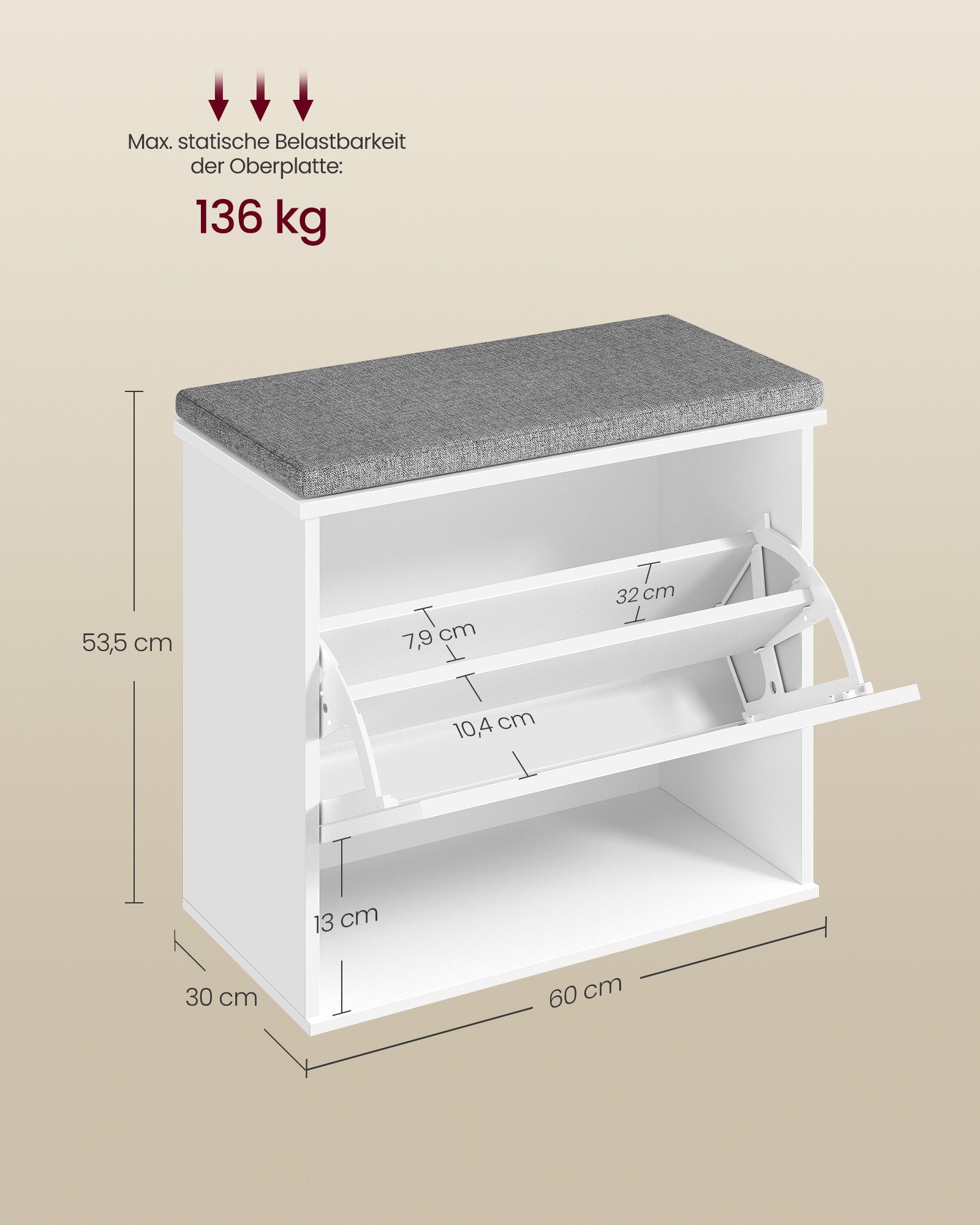 VASAGLE Schuhbank mit Sitzkissen, Sitzbank, 30 x 60 x 53,5 cm, Flur, Schlafzimmer, für 6 Paar Schuhe, Klappfach mit verstellbarer Trennwand, weiß-grau – Bild 4 von 5