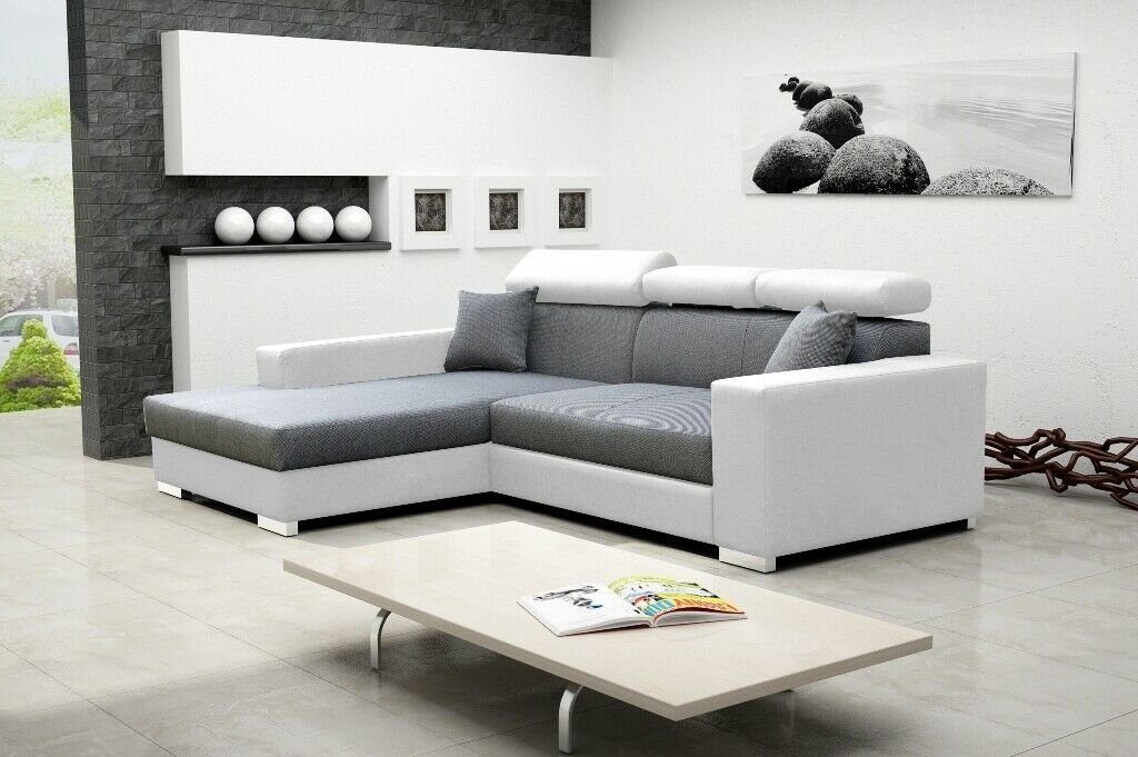 JVmoebel Ecksofa Schlafsofa Eck Sofa Couch Bettfunktion Polster Eck Garnitur Sofas, Mit Bettfunktion Grau/Weiß