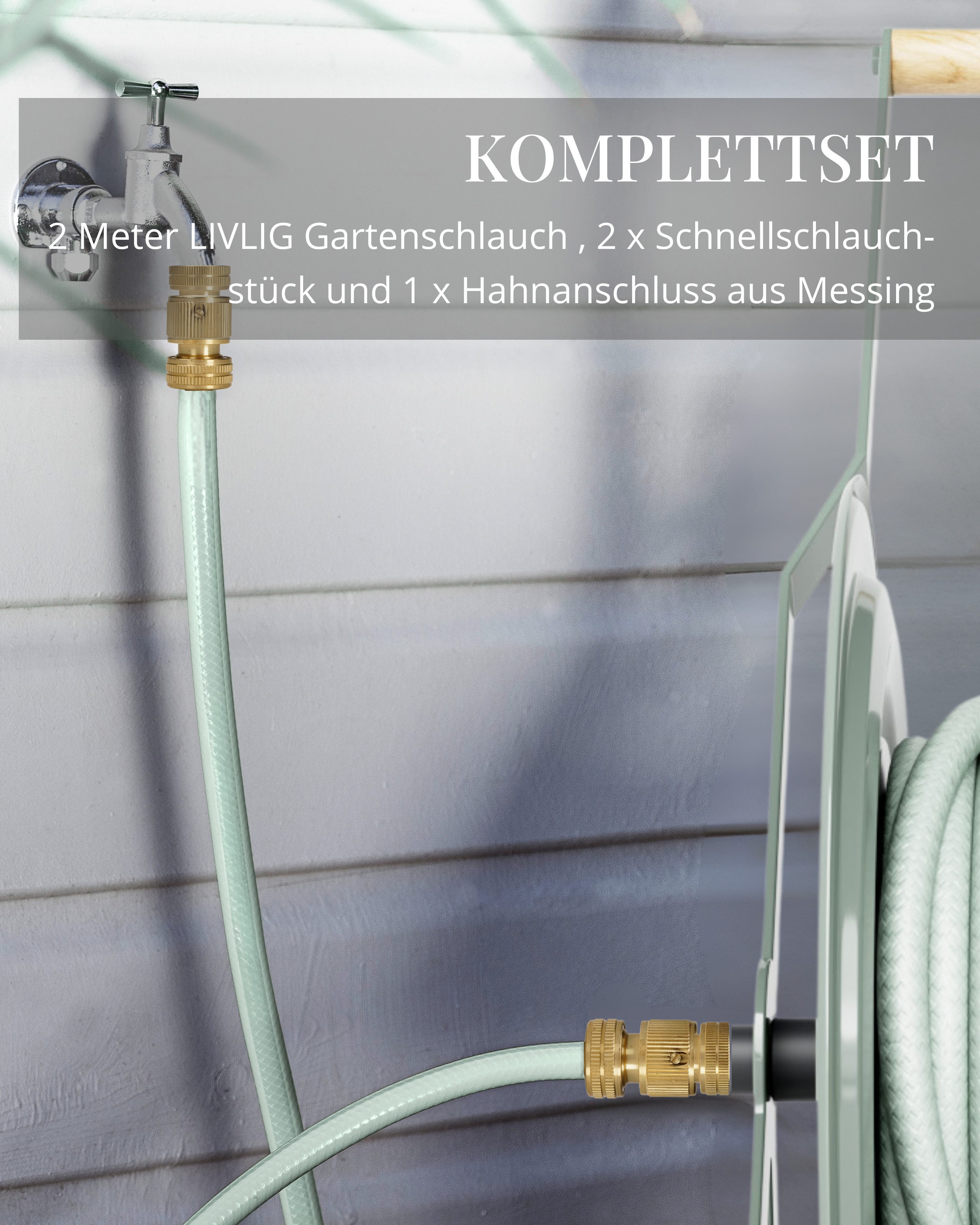 LIVLIG Gartenschlauch 2m Anschlussgarnitur 1/2 Zoll für Schlauchwagen & Schlauchtrommel, erhältlich mit Messing oder Kunststoff Anschlüssen, recyceltes Material, UV-beständig, wetterfest, Klicksystem