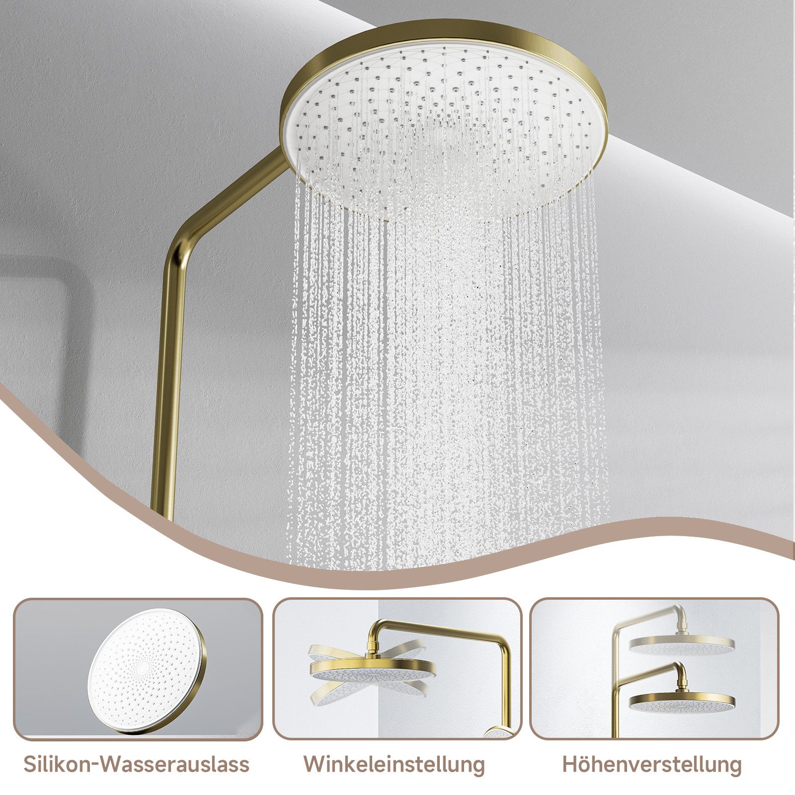 Oihpaw Duschsystem Mit Runden Kopfbrause Versteckt Wasserauslass Handbrause, Höhe 70 cm, 3 Strahlart(en), Handbrause Und Versteckt Wasserauslass Unten