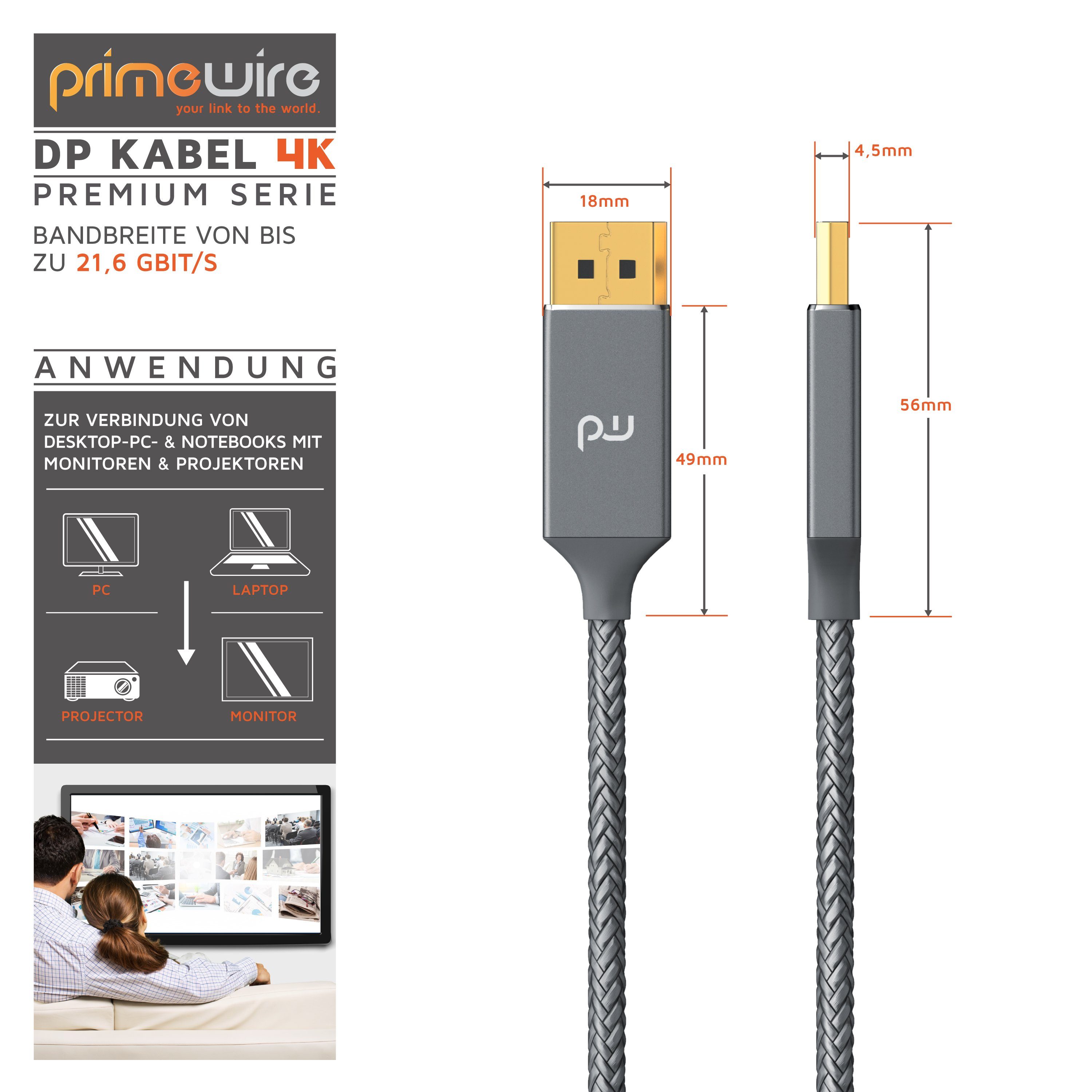 Primewire Audio- & Video-Kabel, DisplayPort, DP 1.2 (100 cm), Verbindungskabel 4K 3840 x 2160 @ 60 Hz / 2K @ 120Hz für Monitor - 1m