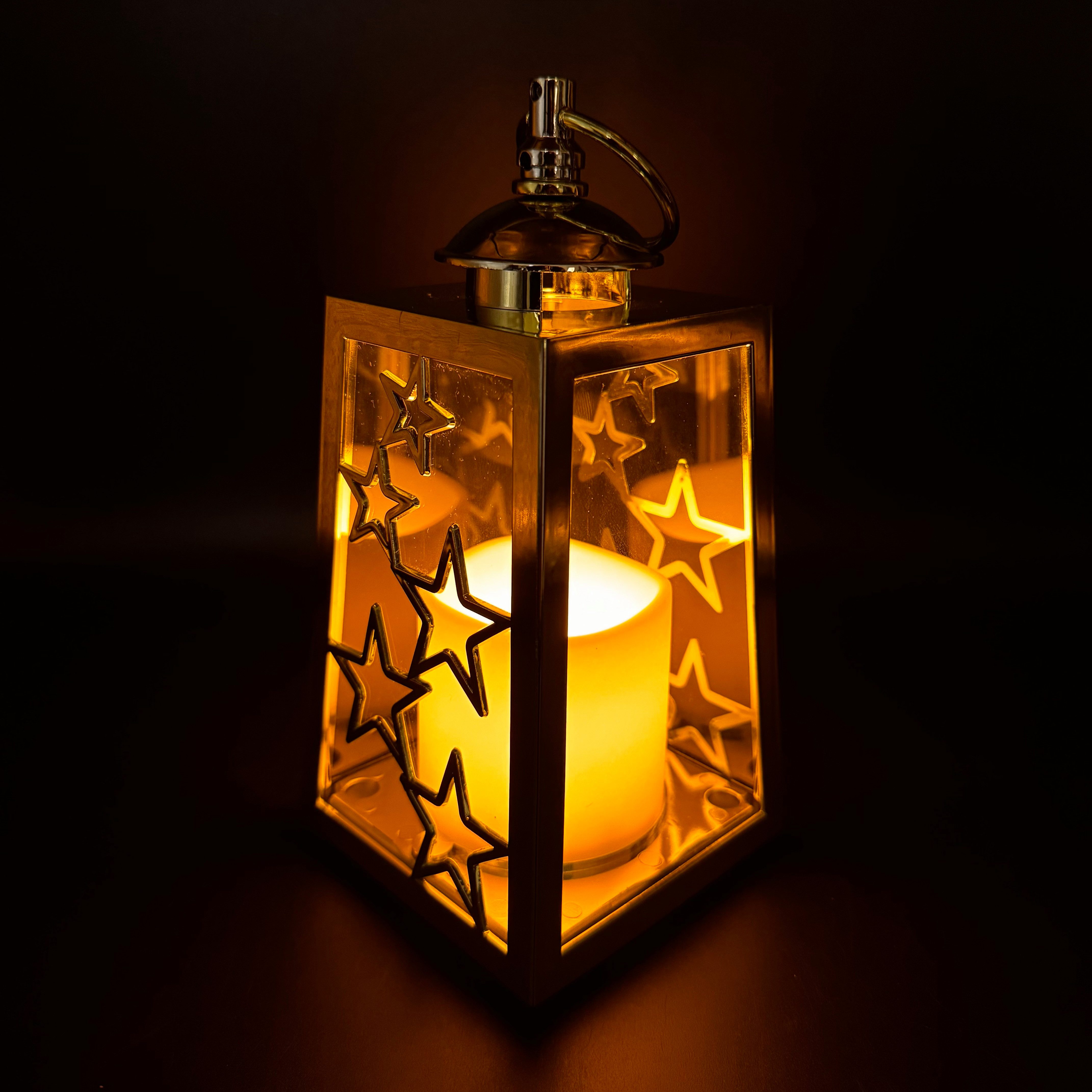 Online-Fuchs LED Laterne im 3er Set mit LED-Kerzen, Timer und Sternen verziert - Outdoor, Dauerleuchten oder Flackereffekt wählbar, warmweiße LED-Flamme, Dekoration für Herbst, Winter und Weihnachten