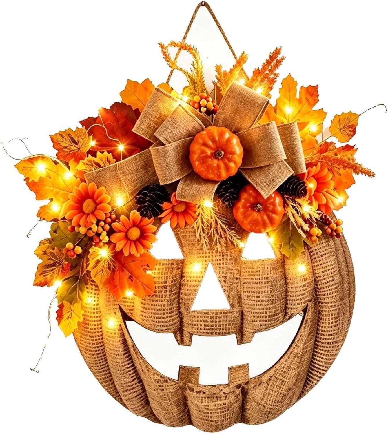 Kunstkranz Beleuchteter Sackleinen-Kürbiskranz, ferngesteuerte Halloween, Bomiclss