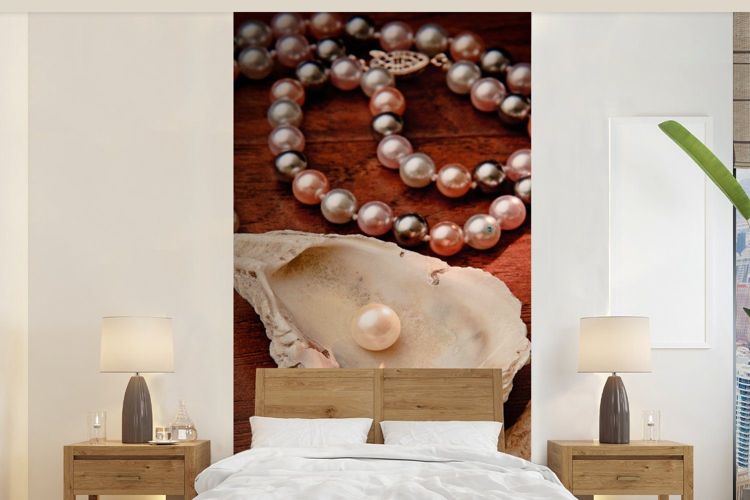 Fototapete Wohnzimmer Küche, Schlafzimmer (2 bedruckt, Perlenkette der für Fototapete Matt, St), Auster, MuchoWow Vliestapete entlang