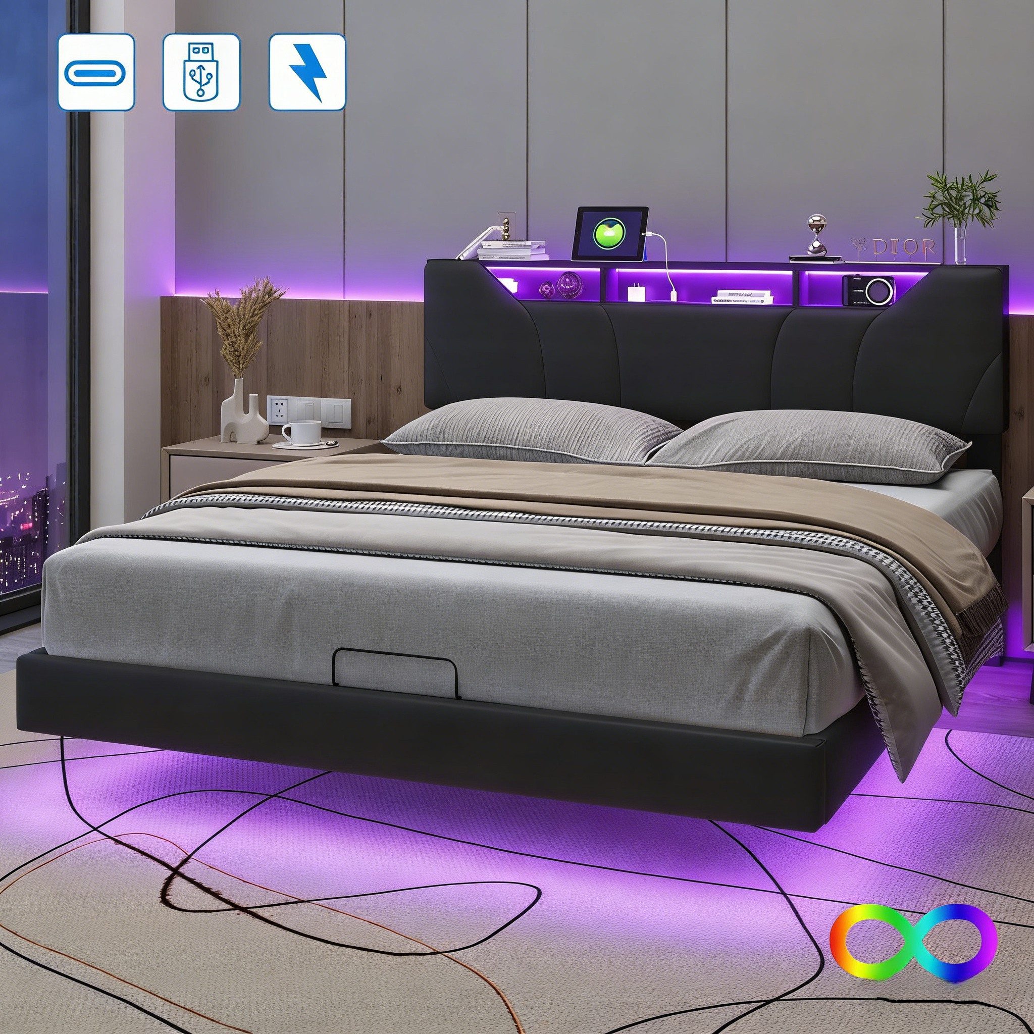 Furnishings Home Polsterbett Doppelbett LED Stauraumbett mit bettkasten (Set, Set, Bett), Hausbett, mit Bettkasten 160x200cm PU