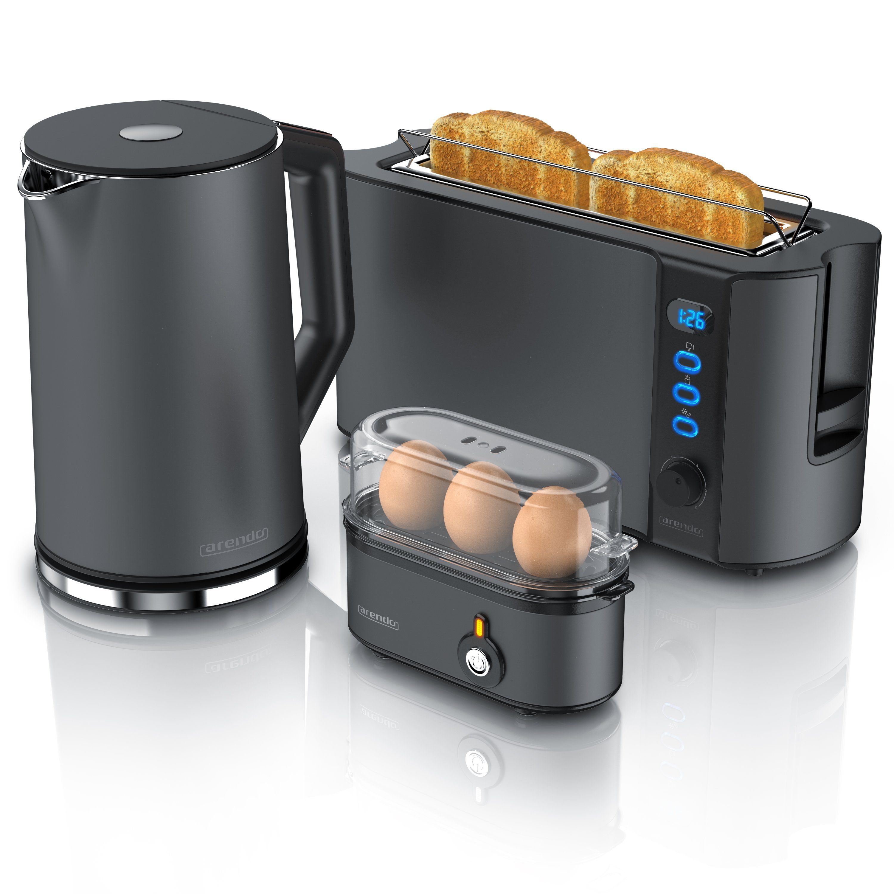 Arendo Toaster / (3-tlg), 2-Scheiben Frühstücks-Set Grau / Edelstahl, Wasserkocher Eierkocher, 1,5l