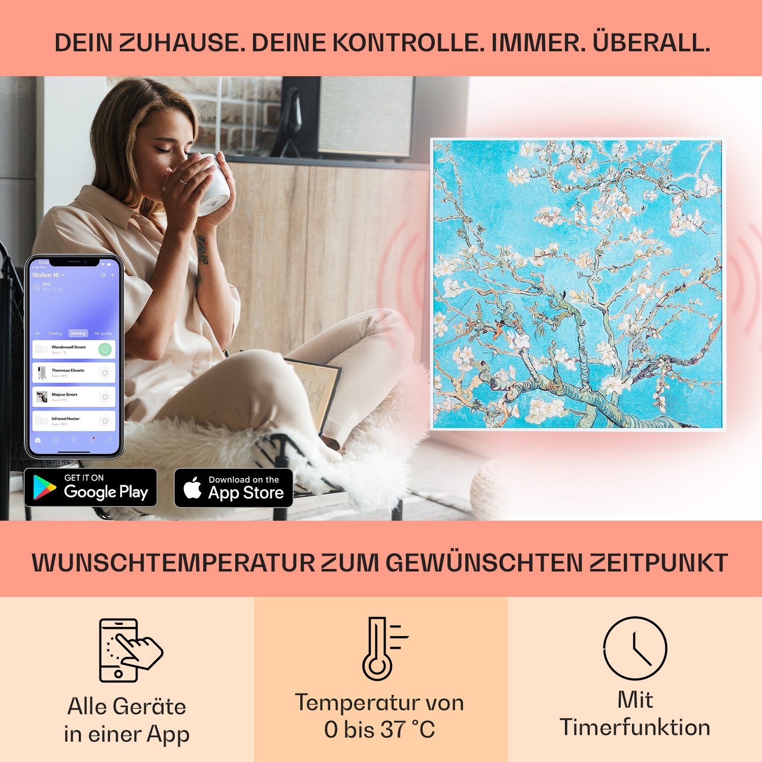 Thermostat elektrisch Wandheizung elektrische Infrarot Klarstein Air Heizung Art Bild Smart, Wonderwall Heizkörper