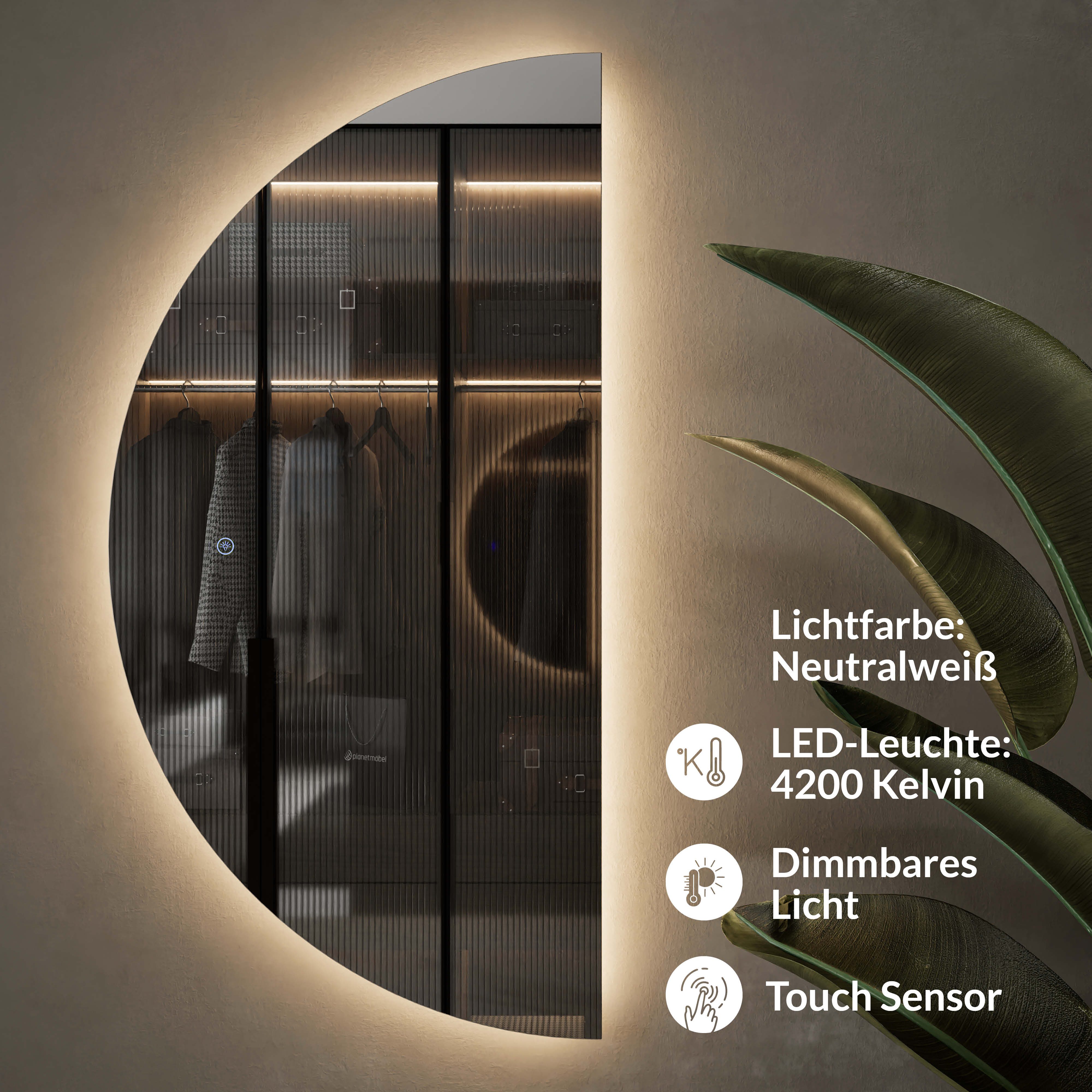 Planetmöbel Dekospiegel NIVORA (Dimmbar mit Touch-Schalter, 100x50cm, Dekorativer Wandspiegel mit Dimm-Funktion), LED Spiegel