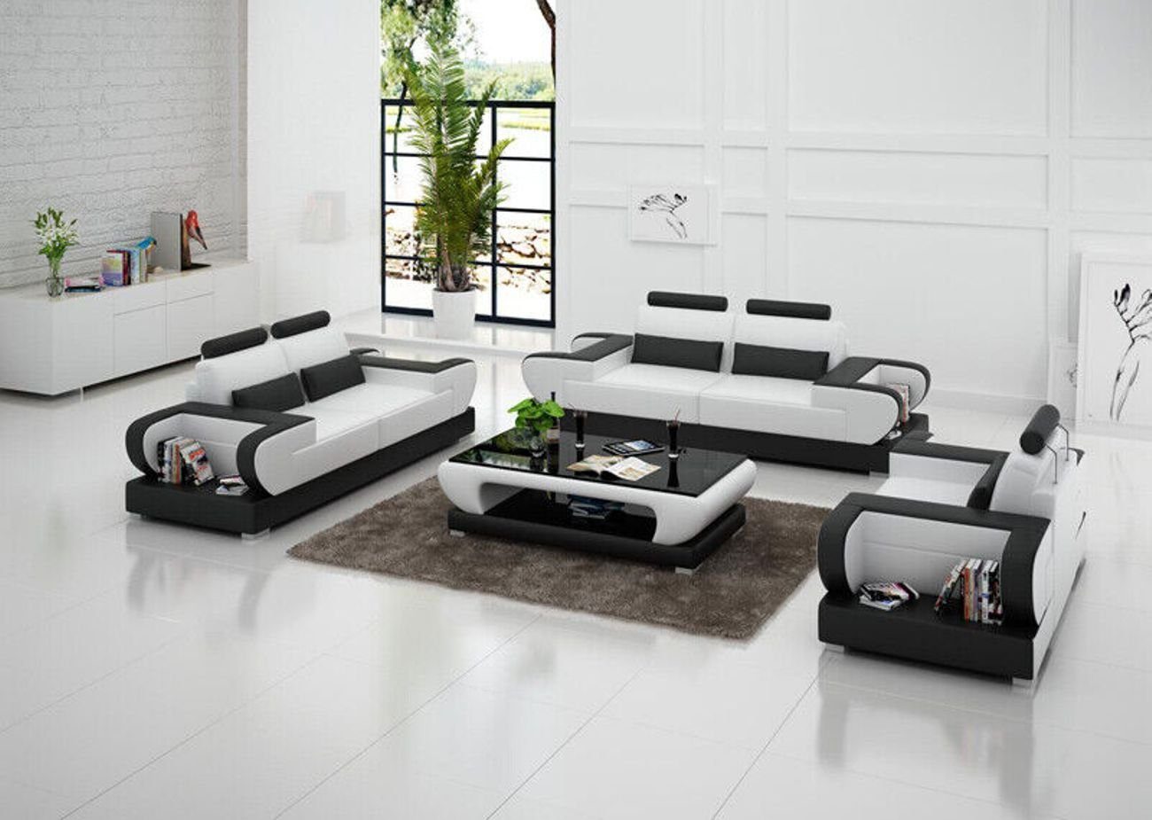 JVmoebel Wohnzimmer-Set Ledersofa Couch Wohnlandschaft 3+2+1 Sitzer Garnitur Design Sofa, (3-St) Weiß/Schwarz