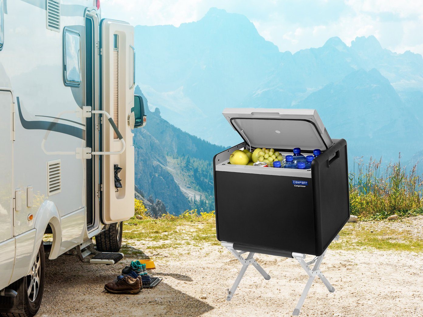 Campart Elektrische Kühlbox, 41 l, großer & mit Kompressor Strom Kühlschrank Klappständer Mini Elektro