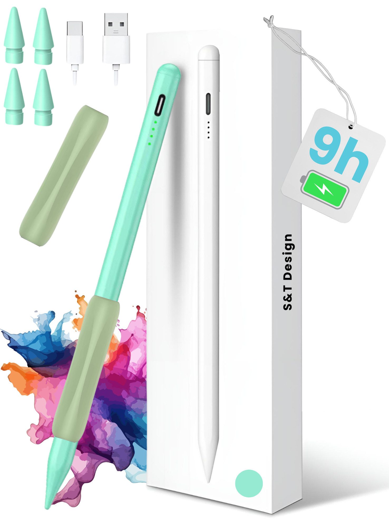 S&T Design Eingabestift Stift für iPad USB-C (2018-2026) Schnellladen für Apple iPads (2018-2026), 1-St., mit 4x iPad Stift Spitzen + Silikon Halterung) Tabletstift Stylus Pencil 2. Gen Pen USB-C Schnellladen Palm Rejection