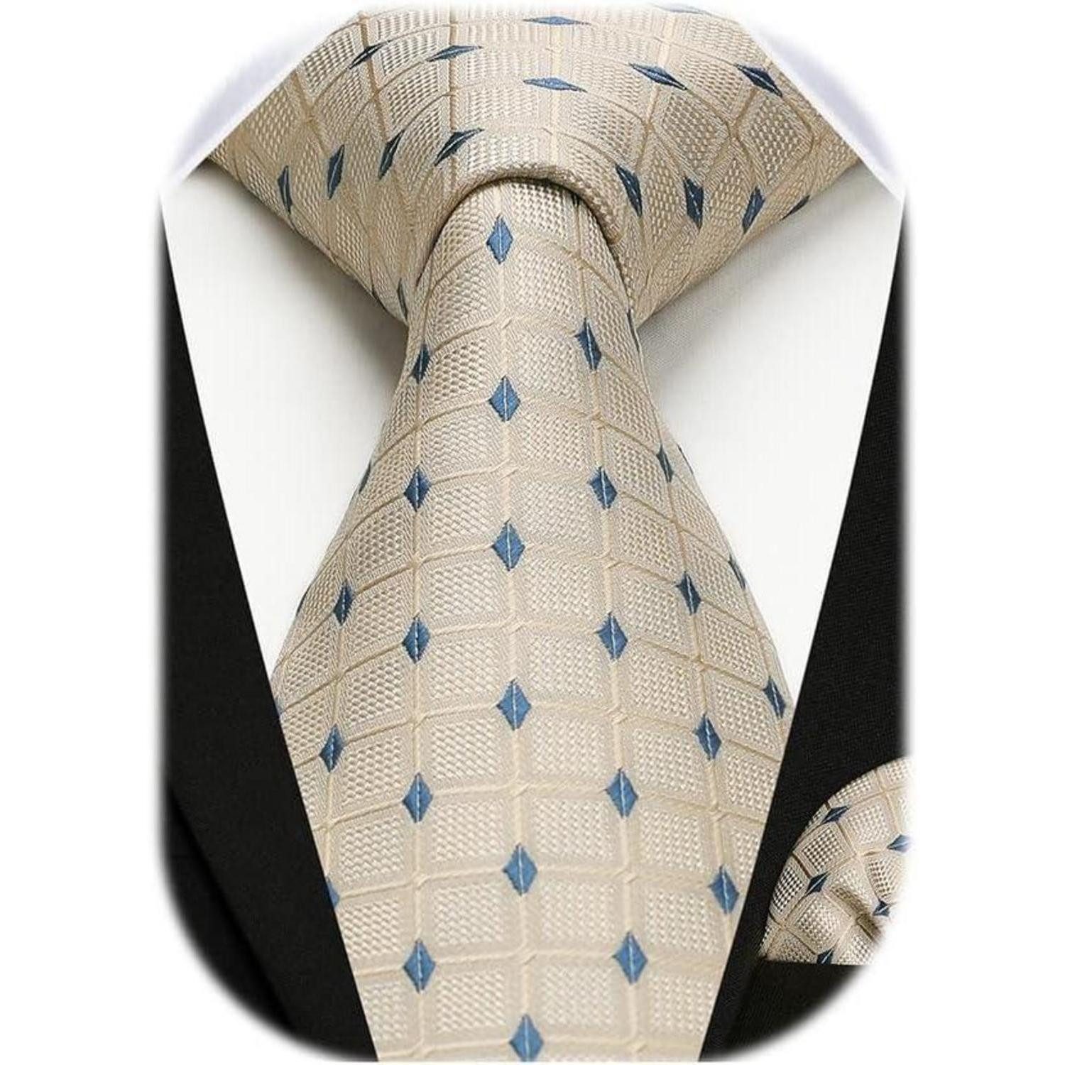 LuxusKollektion Krawatte Krawatte Herren Hochzeit kariert Einstecktuch Set Blumen Beige