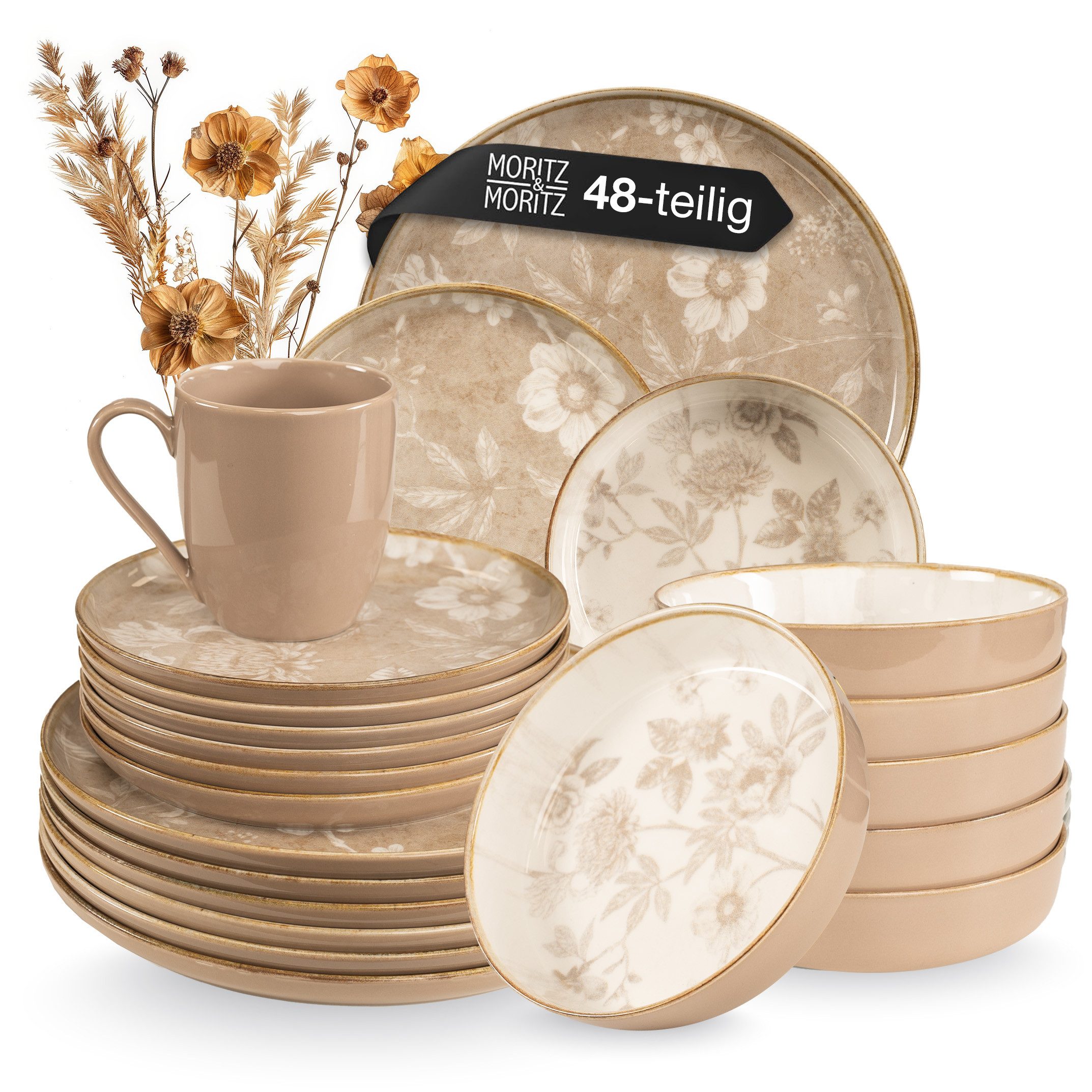 Moritz & Moritz Tafelservice MARIELLA Geschirrset Beige für 12 Personen (48-tlg), 12 Personen, Steinzeug, Geeignet für Spülmaschine & Mikrowelle