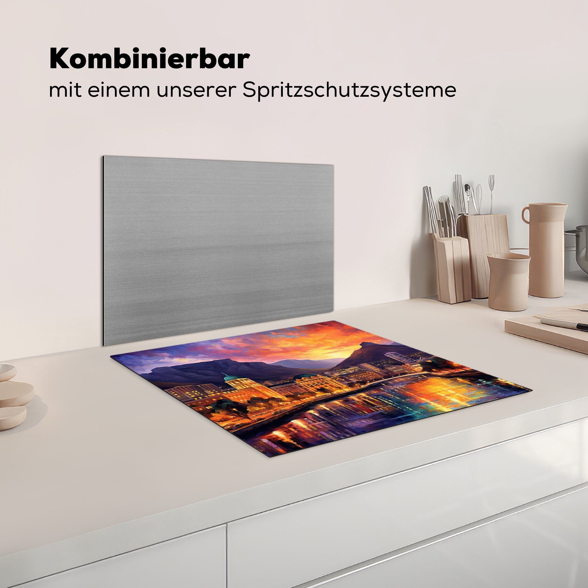 MuchoWow Herdblende-/Abdeckplatte Kapstadt - - 60x52 Arbeitsfläche Mobile - cm, (1 tlg), - Vinyl, Sonnenuntergang Architektur Kunst, nutzbar, Stadt Ceranfeldabdeckung