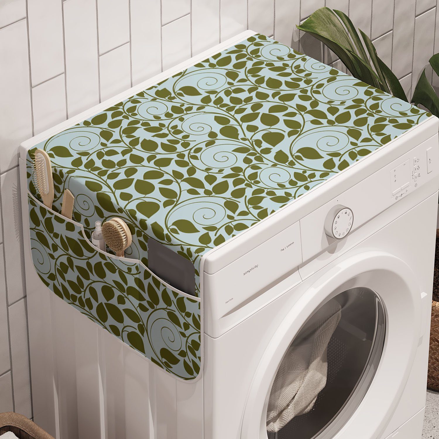 Abakuhaus Badorganizer Anti-Rutsch-Stoffabdeckung für Waschmaschine und Trockner, Blätter Silhouetten von Swirl Stielen