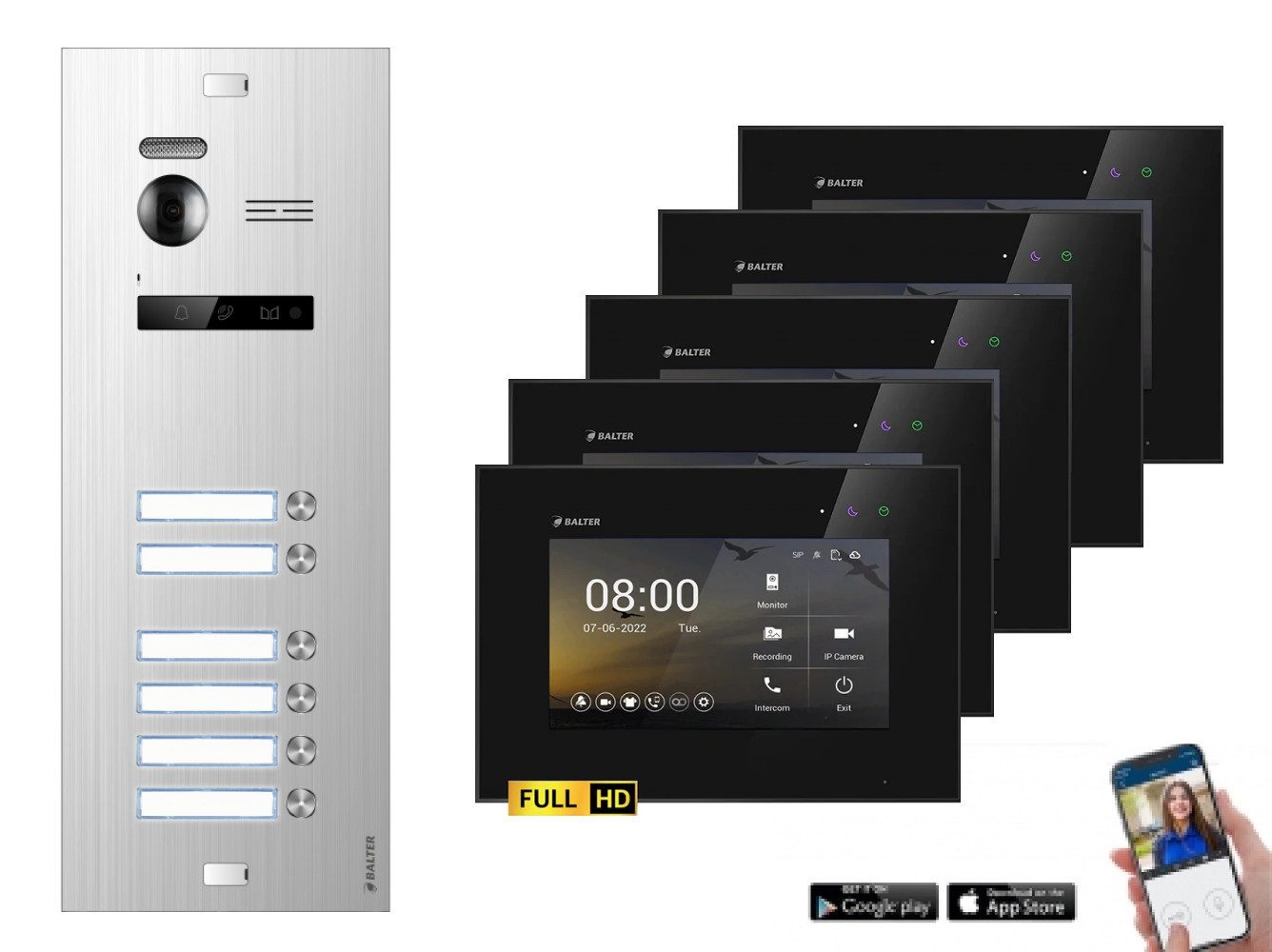 Balter Video-Türsprechanlage EVO-HD Komplettset 6-Familie Silber 6x 7" WLAN Monitor Schwarz (Set, 6-Familienhaus, Komplettset, FullHD Kamera, mit App)