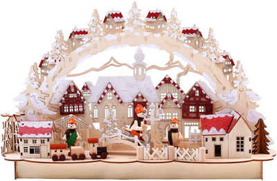 BRUBAKER LED Lichterbogen Schwibbogen - Winterlandschaft mit Altstadt, traditioneller Holzbogen mit 3D Szene beleuchtet handbemalt 27 cm hoch