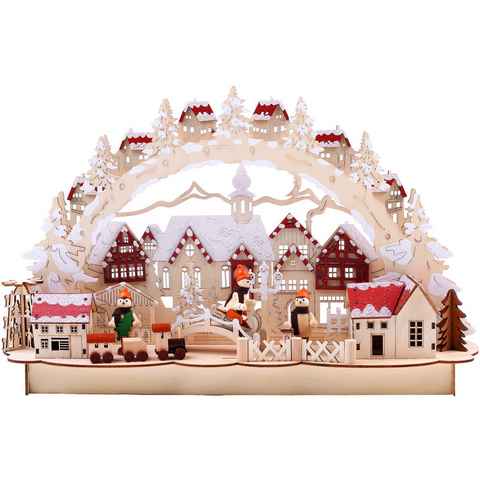 BRUBAKER LED Lichterbogen Schwibbogen - Winterlandschaft mit Altstadt, traditioneller Holzbogen mit 3D Szene beleuchtet handbemalt 27 cm hoch
