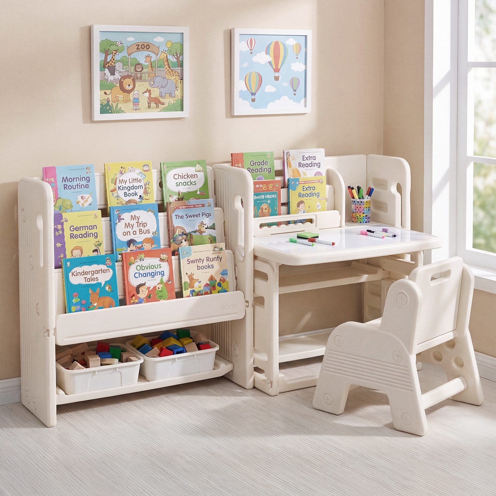 COSTWAY Kindersitzgruppe, (2-tlg), 4 in 1 Kindertisch mit Stuhl, Bücherregalen