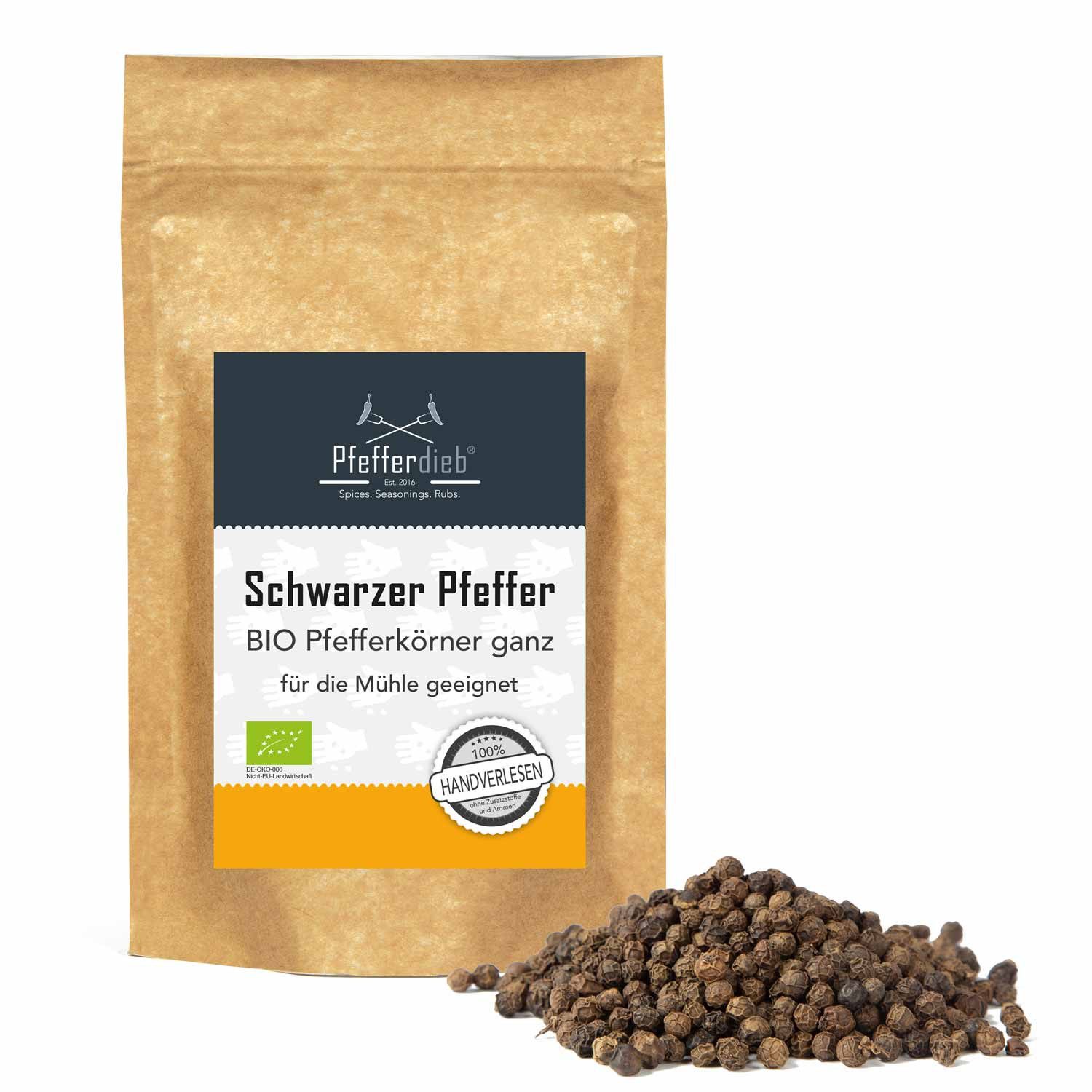Pfefferdieb Gewürz Schwarzer Pfeffer ganz, Premium Qualität, BIO, 500g, Schöne aromatische Schärfe, leicht zitronig.